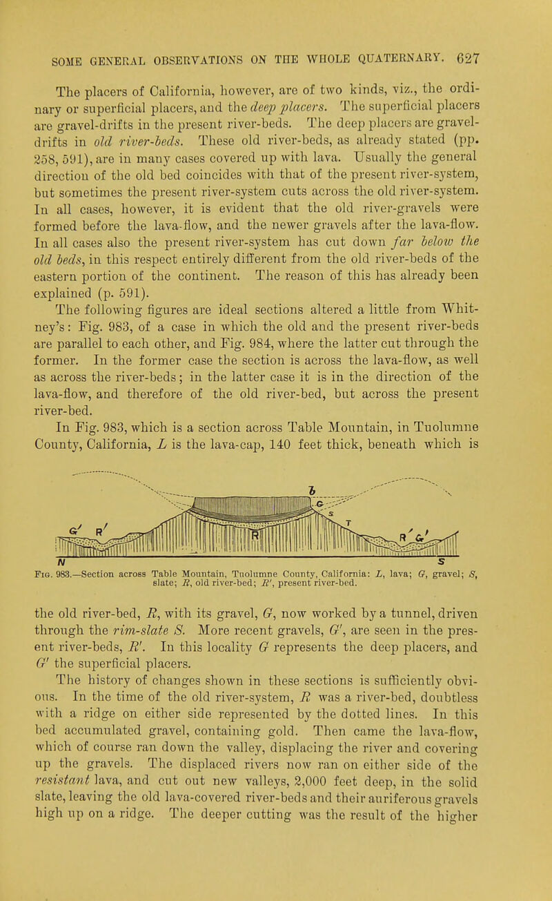 The placers of California, however, are of two kinds, viz., the ordi- nary or superficial placers, and the dee2) placers. The superficial placers are gravel-drifts in the present river-beds. The deep placers are gravel- drifts in old river-beds. These old river-beds, as already stated (pp. 258, 591), are in many cases covered up with lava. Usually the general direction of the old bed coincides with that of the present river-s3'stem, but sometimes the present river-system cuts across the old river-system. In all cases, however, it is evident that the old river-gravels were formed before the lava-flow, and the newer gravels after the lava-flow. In all cases also the present river-system has cut down far ielow the old beds, in this respect entirely different from the old river-beds of the eastern portion of the continent. The reason of this has already been explained (p. 591). The following figures are ideal sections altered a little from Whit- ney's : Fig. 983, of a case in which the old and the present river-beds are parallel to each other, and Fig. 984, where the latter cut through the former. In the former case the section is across the lava-flow, as well as across the river-beds; in the latter case it is in the direction of the lava-flow, and therefore of the old river-bed, but across the present river-bed. In Fig. 983, which is a section across Table Mountain, in Tuolumne County, California, L is the lava-cap, 140 feet thick, beneath which is Pig. 983.—Section across Table Mountain, Tnolumne County, California: L, lava; G, gravel; S, slate; B, old river-bed; M', present river-bed. the old river-bed, R, with its gravel, G, now worked by a tunnel, driven through the rim-slate S. More recent gravels, G', are seen in the pres- ent river-beds, R'. In this locality G represents the deep placers, and G' the superficial placers. The history of changes shown in these sections is sufficiently obvi- ous. In the time of the old river-system, R was a river-bed, doubtless with a ridge on either side represented by the dotted lines. In this bed accumulated gravel, containing gold. Then came the lava-flow, which of course ran down the valley, displacing the river and covering up the gravels. The displaced rivers now ran on either side of the resistant lava, and cut out new valleys, 2,000 feet deep, in the solid slate, leaving the old lava-covered river-beds and their auriferous gravels high up on a ridge. The deeper cutting was the result of the higher