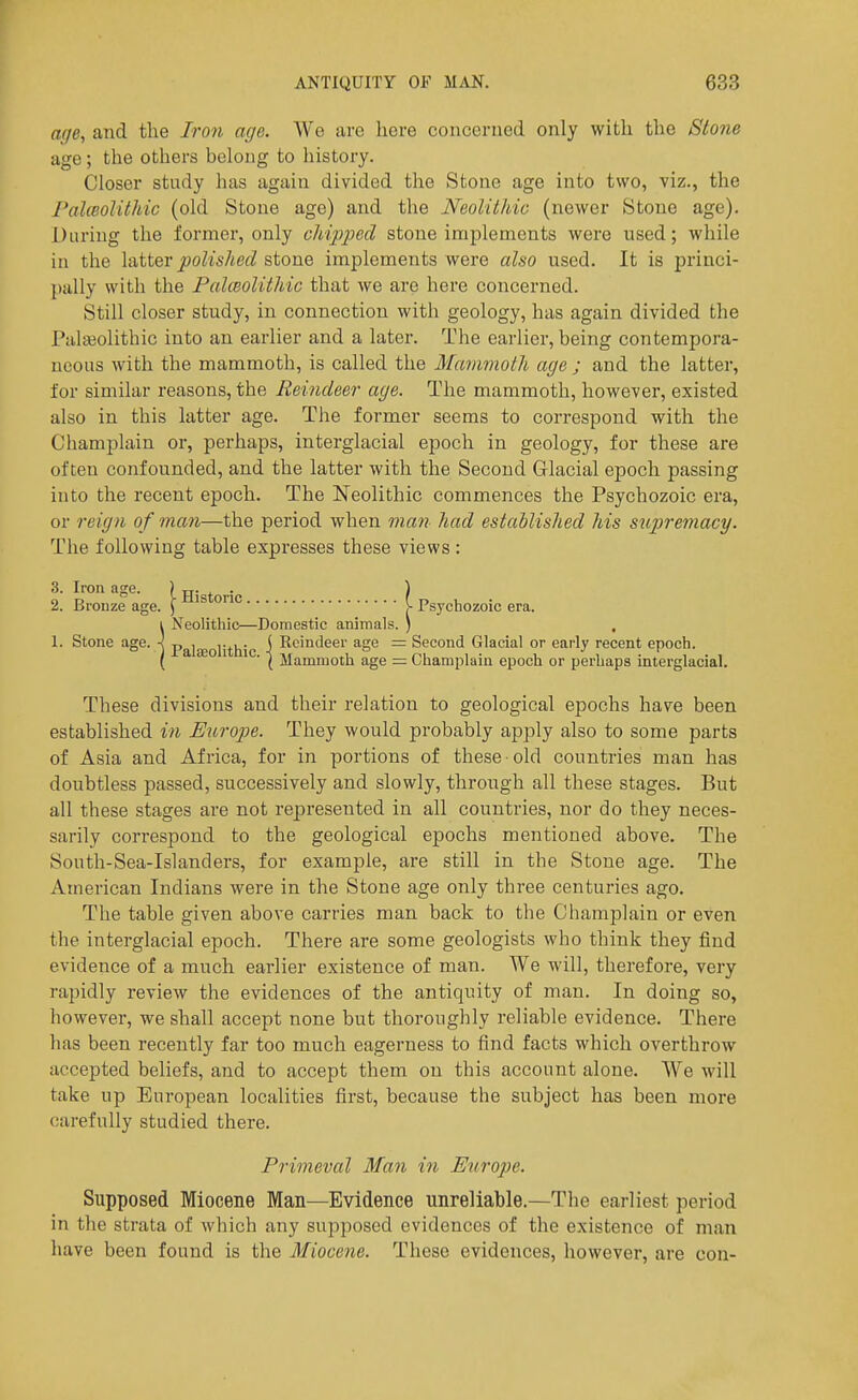 age, and the Iron age. We are here concerued only with the Stone age; the others belong to history. Closer study has again divided the Stone age into two, viz., the Pakeolithic (old Stone age) and tlie Neolitldc (newer Stone age). During the former, only chipped stone implements were used; while in the latter polished stone implements were also used. It is princi- pally with the PalcBolithic that we are here concerned. Still closer study, in connection with geology, has again divided the Palceolithic into an earlier and a later. The earlier, being contempora- neous with the mammoth, is called the Manmolh age ; and the latter, for similar reasons, the Reindeer age. The mammoth, however, existed also in this latter age. The former seems to correspond with the Champlain or, perhaps, interglacial epoch in geology, for these are often confounded, and the latter with the Second Glacial epoch passing into the recent epoch. The Neolithic commences the Psychozoic era, or reign of man—the period when man had established his Siipremacg. The following table expresses these views: 3. Iron age. ) Historic ) 2. Bronze age. J >• Psychozoic era. I Neolithic—Domestic animals. ) , 1. Stone age. •< p j ^^jj^j^j j Reindeer age = Second Glacial or early recent epoch. ( ■ I Mammoth age = Champlain epoch or perhaps interglacial. These divisions and their relation to geological epochs have been established in Europe. They would probably apply also to some parts of Asia and Africa, for in portions of these old countries man has doubtless passed, successively and slowly, through all these stages. But all these stages are not represented in all countries, nor do they neces- sarily correspond to the geological epochs mentioned above. The South-Sea-Islanders, for example, are still in the Stone age. The American Indians were in the Stone age only three centuries ago. The table given above carries man back to the Champlain or even the interglacial epoch. There are some geologists who think they find evidence of a much earlier existence of man. We will, therefore, very rapidly review the evidences of the antiquity of man. In doing so, however, we shall accept none but thoroughly reliable evidence. There has been recently far too much eagerness to find facts which overthrow accepted beliefs, and to accept them on this account alone. We will take up European localities first, because the subject has been more carefully studied there. Primeval Man in Europe. Supposed Miocene Man—Evidence unreliable.—The earliest period in the strata of which any supposed evidences of the existence of man have been found is the Miocene. These evidences, however, are con-