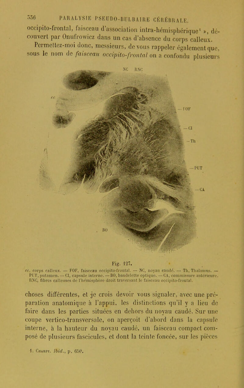 occipito-frontal, faisceau d'association inlra-hémisphérique1 », de- couvert par Onufrowicz dans un cas d'absence du corps calleux. Permettez-moi donc, messieurs, de vous rappeler également que, sous le nom de faisceau occipito-frontal on a confondu plusieurs Fig. 127. ce. corps calleux. — FOF, faisceau occipito-frontal. — NC, noyau caudé. — Th, Thalamus. — PL T, putanien. — CI, capsule interne. — BO, bandelette optique. — CA, commissure antérieure. RNG, fibres calleuses do l'hémisphère droit traversant le faisceau occipito-frontal. choses différentes, et -je crois devoir vous signaler, avec une pré- paration anatomique à l'appui, les distinctions qu'il y a lieu de faire dans les parties situées en dehors du noyau caudé. Sur une coupe vertico-transversale, on aperçoit d'abord dans la capsule interne, à la hauteur du noyau caudé, un faisceau compact coin- posé de plusieurs fascicules, et dont la teinte foncée, sur les pièces \. Charpi. ffiid., p. GfiO.