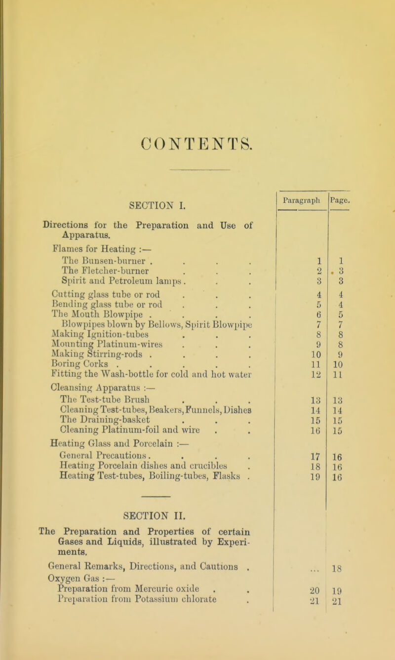 CONTENTS. SECTION I. Preparation and Use of Directions for the Apparatus. Flames for Heating ;— The Bunsen-buruer . The Fletcher-burner Spirit and Petroleum lamps Cutting glass tube or rod Bending glass tube or rod The Mouth Blowpipe . . Blowpipes blown by Bellows, S^tirit Blowpipe Making Ignition-tubes Mounting Platinum-wires Making Stirring-rods . Boring Corks ..... Fitting the Wash-bottle for cold and hot water Cleansing Apparatus :— The Test-tube Brush Cleaning Test-tubes, Beakers,Funnels, Dishes The Draining-basket Cleaning Platinum-foil and wire Heating Glass and Porcelain :— General Precautions.... Heating Porcelain dishes and crucibles Heating Test-tubes, Boiling-tubes, Flasks . SECTION II. The Preparation and Properties of certain Gases and Liquids, illustrated by Experi- ments. General Remarks, Directions, and Cautions . Oxygen Gas :— Preparation from Mercuric oxide Preparation from Potassium chlorate Paragraph Page. 1 1 9 'i • o O o 4 4 5 4 6 5 1 7 8 8 9 8 10 9 11 10 VI 11 13 13 14 14 15 15 16 15 17 16 18 16 19 16 18 •20 19 •Jl 21