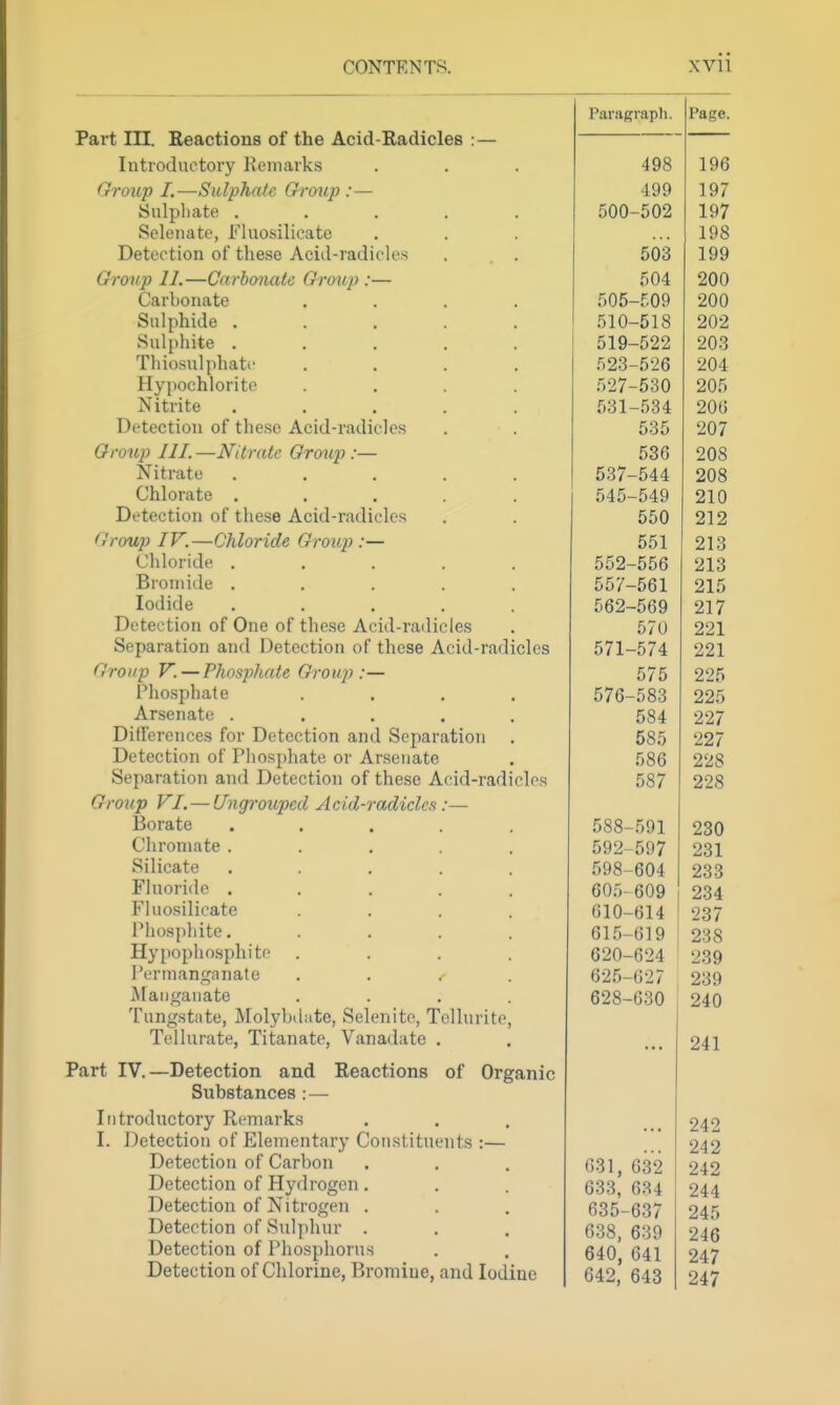 Part III. Reactions of the Acid-Radicles :— Introductory Keniarks Group I.—Sulphate G-roup :— Sulphate , Selenate, Fluosilicate Detection of these Acid-radicles Group II.—Carbonate Group :— Carbonate Sulphide . Sulphite . Tliiosulphatc Hypochlorite Nitrite Detection of these Acid-i-adicles Group III.—Nitrate Group :— Nitrate Chlorate . Detection of these Acid-radicles Group IF.—Chloride Group:— Chloride . Bromide . Iodide Detection of One of these Acid-radicles Separation and Detection of these Acid-radicles Group V. — Phosphate Group :— Pliosphate Arsenate .... Differences for Detection and Separation Detection of Phosphate or Arsenate Separation and Detection of these Acid-radiclcs Group VI.—Ungrouped Acid-radicles:— Borate Chromate . Silicate Fluoride . Fluosilicate Phosphite. Hypophosphite Permanganate Maiiganate Tungstate, Molybdate, Selenite, Tellurite, Tellurate, Titanate, Vanadate . Part IV.—Detection and Reactions of Organic Substances : — Introductory Remarks I. Detection of Elementary Constituents :— Detection of Carbon Detection of Hydrogen. Detection of Nitrogen . Detection of Sulphur . Detection of Phosphorus Detection of Chlorine, Bromiue, and Iodine 631, 632 633, 634 635-637 638, 639 640, 641 642, 643 Paragraph. Page. 498 195 499 197 500 -502 197 198 503 199 504 200 505 -509 200 510 -518 202 519 -522 203 523 -526 204 527 -530 205 531 -534 206 535 OAT 207 536 208 537- -544 208 545- -549 210 550 212 551 213 552- -556 213 557- -561 215 562- -569 217 570 221 571- -574 221 575 225 576- -583 225 584 227 585 227 586 228 587 228 588- 591 230 592- 597 231 598- 604 233 60o- 609 234 610- 614 •^37 615- 619 238 620- 624 239 62.5- 627 239 628- 630 240 241 242 242 242 244 245 246 247 247