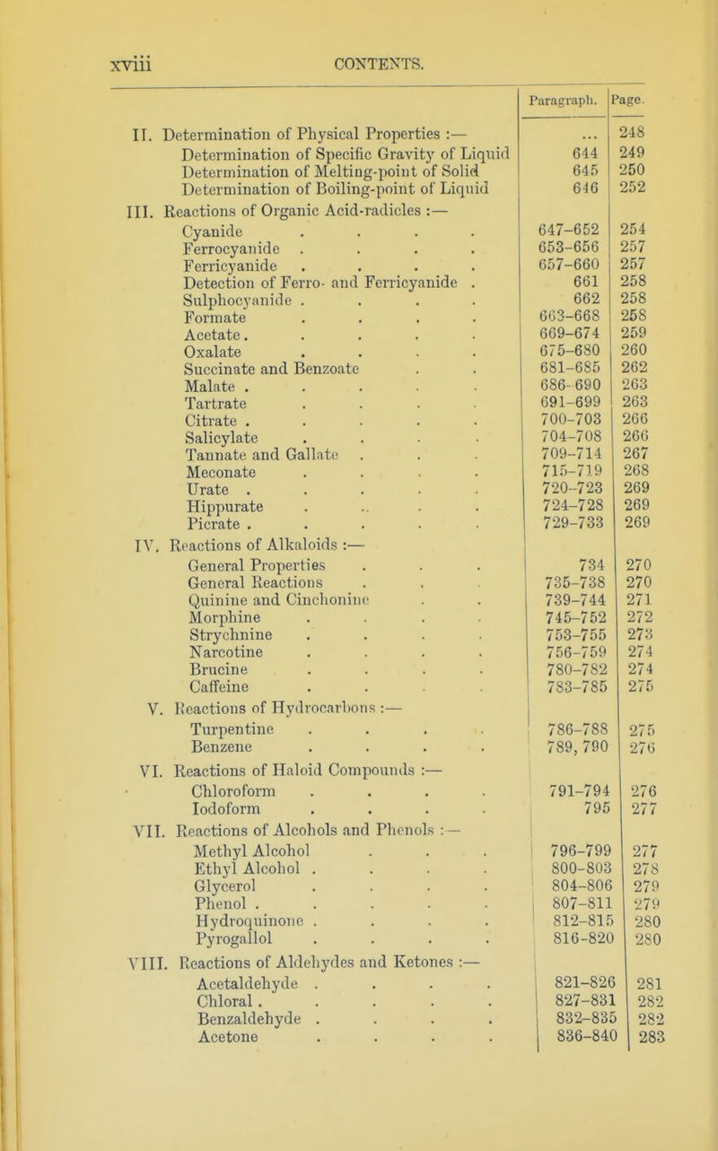 II. Determination of Physical Properties :— Determination of Specific Gravity of Liquid Determination of Melting-point of Solid Determination of Boiling-point of Liquid III. Reactions of Organic Acid-radicles :— Cyanide Ferrocyanide Ferricyanide Detection of Ferro- and Ferricyanide Sulphocyanide . Formate Acetate.... Oxalate Succinate and Benzoate Malate .... Tartrate Citrate .... Salicylate Tannate and Gallate Meconate Urate .... Hippurate Picrate .... lY, Reactions of Alkaloids :— General Properties General Reactions Quinine and Cinchonine Morphine Strychnine Narcotine Brucine Caffeine icactions of Hydrocarbons :— Turpentine Benzene Reactions of Haloid Compounds Chloroform Iodoform VII. Reactions of Alcohols and PlicnoL Methyl Alcohol Ethyl Alcohol Glycerol Phenol . Hydroquinone Pyrogallol YIII. Reactions of Aldehydes and Ketones :— Acetaldehyde . Chloral. Benzaldehyde . Acetone V. 1 VI Paragraph. Page. 248 644 249 645 250 646 252 647-652 254 653-656 257 657-660 257 258 662 258 66^-668 258 259 260 681-685 262 \J \J €> \J 263 691-699 263 700-703 266 704-708 266 709-714 267 715-719 268 720-723 269 724-728 269 729-733 269 734 270 735-738 270 739-744 271 745-752 272 753-755 273 756-759 274 780-782 274 783-785 275 786-788 275 789,790 270 791-794 276 795 277 796-799 277 800-803 278 804-806 279 807-811 279 812-815 280 816-820 280 821-826 281 827-831 282 832-835 282 836-840 283