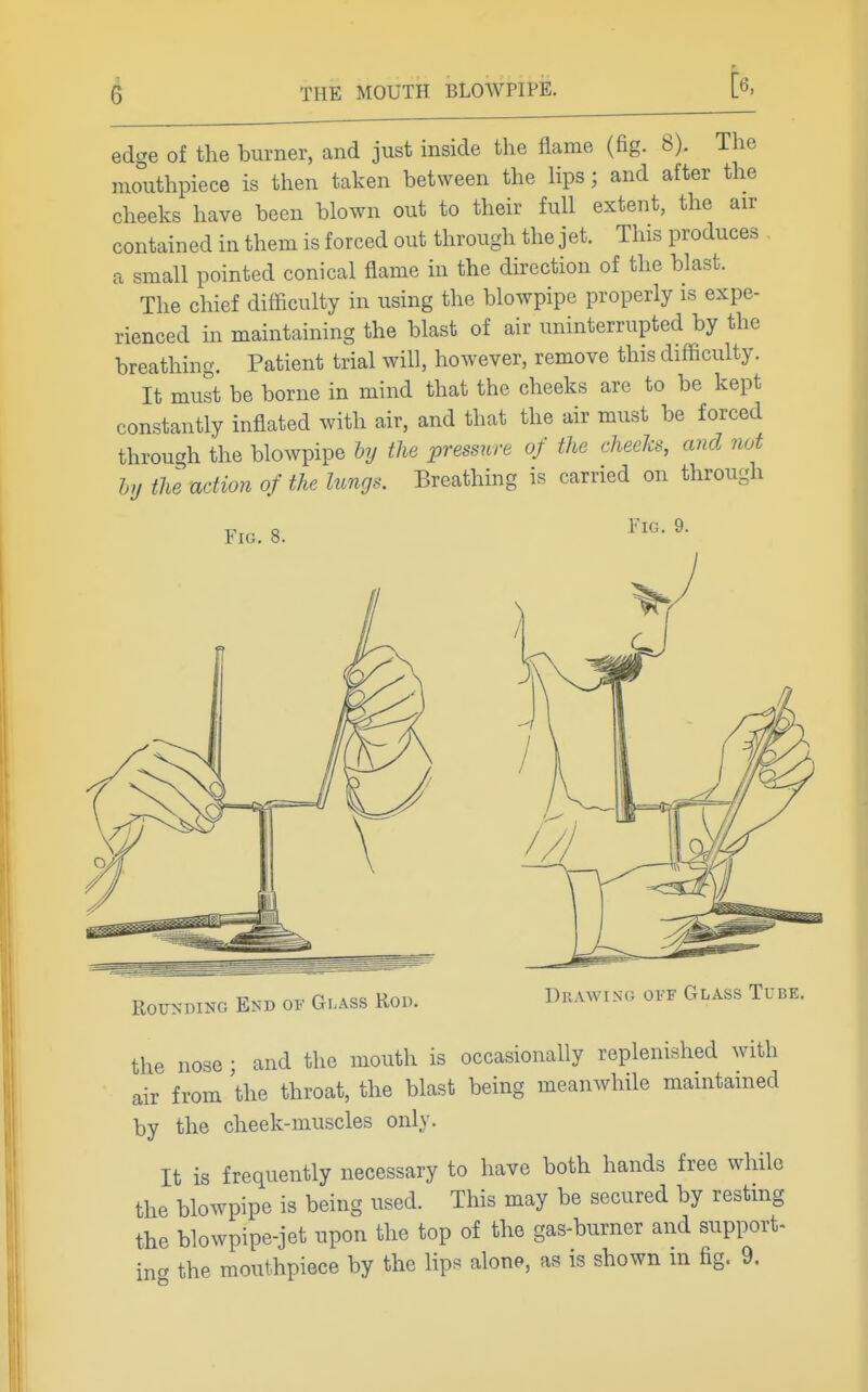 THE MOUTH BLOWPIPE. [6. edge of the burner, and just inside the flame (fig. 8). The mouthpiece is then taken between the lips; and after the cheeks have been blown out to their full extent, the air contained in them is forced out through the jet. This produces a small pointed conical flame in the direction of the blast. The chief difficulty in using the blowpipe properly is expe- rienced in maintaining the blast of air uninterrupted by the breathing. Patient trial will, however, remove this difficulty. It must be borne in mind that the cheeks are to be kept constantly inflated with air, and that the air must be forced through the blowpipe by the pressure of the cheeks, and not by the action of the lungs. Breathing is carried on through Fig. 8. Fig. 9. Rounding End of Glass Rod. Drawing off Glass Tube. the nose; and the mouth is occasionally replenished with air from the throat, the blast being meanwhile maintained by the cheek-muscles only. It is frequently necessary to have both hands free while the blowpipe is being used. This may be secured by resting the blowpipe-jet upon the top of the gas-burner and support-