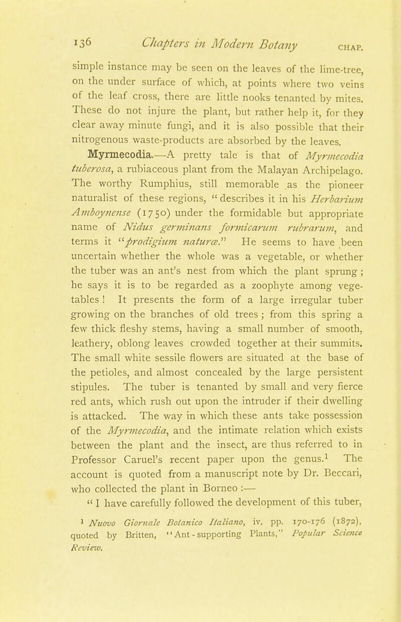 simple instance may be seen on the leaves of the lime-tree, on the under surface of which, at points where two veins of the leaf cross, there are little nooks tenanted by mites. These do not injure the plant, but rather help it, for they clear away minute fungi, and it is also possible that their nitrogenous waste-products are absorbed by the leaves. Myrmecodia.—A pretty tale is that of Myrmecodia tuberosa, a rubiaceous plant from the Malayan Archipelago. The worthy Rumphius, still memorable as the pioneer naturalist of these regions,  describes it in his Herbarium Amboynense (1750) under the formidable but appropriate name of Nidus germina7is formicaruin rubrarum, and terms it prodigium natures. He seems to have been uncertain whether the whole was a vegetable, or whether the tuber was an ant's nest from which the plant sprung; he says it is to be regarded as a zoophyte among vege- tables ! It presents the form of a large irregular tuber growing on the branches of old trees ; from this spring a few thick fleshy stems, having a small number of smooth, leathery, oblong leaves crowded together at their summits. The small white sessile flowers are situated at the base of the petioles, and almost concealed by the large persistent stipules. The tuber is tenanted by small and v&ry fierce red ants, which rush out upon the intruder if their dwelling is attacked. The way in which these ants take possession of the Mynnecodia, and the intimate relation which exists between the plant and the insect, are thus referred to in Professor Caruel's recent paper upon the genus.^ The account is quoted from a manuscript note by Dr. Beccari, who collected the plant in Borneo :—  I have carefully followed the development of this tuber, 1 Ntiovo Giornale Botanico Italiano, iv. pp. 170-176 (1872), quoted by Britten,  Ant - supporting Plants, Popular Science Review.