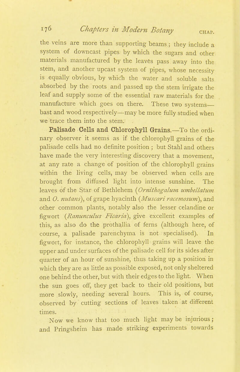 the veins are more than supporting beams ; they include a system of downcast pipes by which the sugars and other materials manufactured by the leaves pass away into the stem, and another upcast system of pipes, whose necessity is equally obvious, by whicTi the water and soluble salts absorbed by the roots and passed up the stem irrigate the leaf and supply some of the essential raw materials for the manufacture which goes on there. These two systems bast and wood respectively—may be more fully studied when we trace them into the stem.: Palisade Cells and Chlorophyll Grains.—To the ordi- nary observer it seems as if the chlorophyll grains of the palisade cells had no definite position ; but Stahl and others have made the very interesting discovery that a movement, at any rate a change of position of the chlorophyll grains within the living cells, may be observed when cells are brought from diffused light into intense sunshine. The leaves of the Star of Bethlehem [Orftiihogalum wnbellahem and O. mitans)^ of grape hyacinth {Muscart racemosutn), and other common plants, notably also the lesser celandine or figwort {Ranunculus Ficari'a), give excellent examples of this, as also do the prothallia of ferns (although here, of course, a palisade parenchyma is not specialised). In figwort, for instance, the chlorophyll grains will leave the upper and under surfaces of the palisade cell for its sides after quarter of an hour of sunshine, thus taking up a position in which they are as little as possible exposed, not only sheltered one behind the other, but with their edges to the light. When the sun goes ofi, they get back to their old positions, but more slowly, needing several hours. This is, of course, observed by cutting sections of leaves taken at different times. Now we know that too much light may be injurious; and Pringsheim has made striking experiments towards
