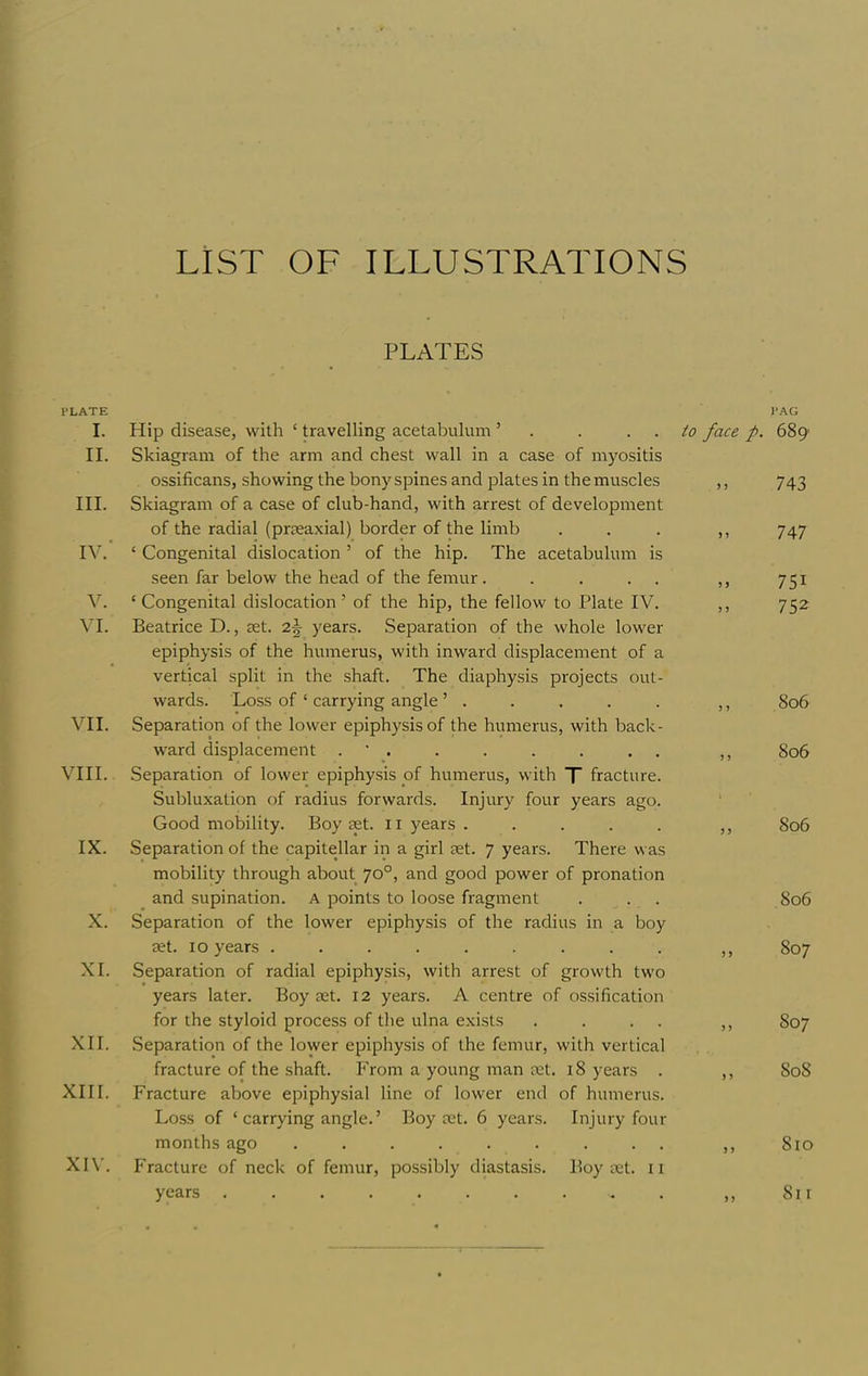 LIST OF ILLUSTRATIONS PLATES 1>LATE I. Hip disease, with ‘ travelling acetabulum ’ . . .. to face p. II. Skiagram of the arm and chest wall in a case of myositis ossificans, showing the bony spines and plates in the muscles ,, III. Skiagram of a case of club-hand, with arrest of development of the radial (prteaxial) border of the limb . . . ,, IV. ‘ Congenital dislocation ’ of the hip. The acetabulum is seen far below the head of the femur. . . . . ,, \. ‘ Congenital dislocation ’ of the hip, the fellow to Plate IV. ,, VI. Beatrice D., £et. 7,\ years. Separation of the whole lower epiphysis of the humerus, with inward displacement of a vertical split in the shaft. The diaphysis projects out- wards. Loss of ‘ carrying angle ’ . . . . . ,, VII. Separation of the lower epiphysis of the humerus, with back- ward displacement . ‘ . . . . . . . ,, VIII. Separation of lower epiphysis of humerus, with T fracture. Subluxation of radius forwards. Injury four years ago. Good mobility. Boy eet. ii years . . . . . ,, IX. Separation of the capitellar in a girl £et. 7 years. There was mobility through about 70°, and good power of pronation and supination. A points to loose fragment X. Separation of the lower epiphysis of the radius in a boy «t. 10 years ......... ,, XI. Separation of radial epiphysis, with arrest of growth two years later. Boy ast. 12 years. A centre of ossification for the styloid process of the ulna e.\ists . . . . ,, XII. Separation of the lower epiphysis of the femur, with vertical fracture of the shaft. From a young man eet. 18 years . ,, XIII. Fracture above epiphysial line of lower end of humerus. Loss of ‘ carrying angle.’ Boy oet. 6 years. Injury four months ago . . . . . . . . . ,, XI\'. Fracture of neck of femur, possibly diastasis. Boy aet. ii years . I'AG 689 743 747 751 752 806 806 806 806 807 807 808 810 811