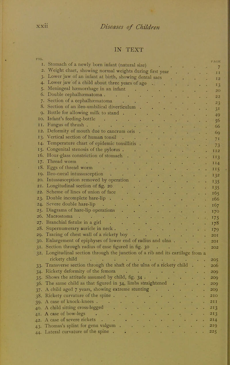 IN TEXT FIG. 1. Stomach of a newly born infant (natural size) .... 2. Weight chart, showing normal weights during first year 3. Lower jaw of an infant at birth, showing dental sacs 4. Lower jaw of a child about three years of age ... 5. Meningeal htemorrhage in an infant 6. Double cephalhsematoma 7. Section of a cephalhematoma ....... 8. Section of an ileo-umbilical diverticulum ...... 9. Bottle for allowing milk to stand ....... 10. Infant’s feeding-bottle . . . . . . 11. Fungus of thrush .......... 12. Deformity of mouth due to cancrum oris ...... 13. Vertical section of human tonsil ....... 14. Temperature chart of epidemic tonsillitis ...... 15. Congenital stenosis of the pylorus ....... 16. Hour-glass constriction of stomach ....... 17. Thread worm .......... 18. Eggs of thread worm .......... 19. Ileo-cecal intussusception ........ 20. Intussusception removed by operation ...... 21. Longitudinal section of fig. 20 . . . 22. Scheme of lines of union of face ....... 23. Double incomplete hare-lip ........ 24. Severe double hare-lip ......... 25. Diagrams of hare-lip operations ....... 26. Macrostoma . . . . . . ... 27. Branchial fistulse in a girl ........ 28. Supernumerary auricle in neck ........ 29. Tracing of chest wall of a rickety boy ...... 30. Enlargement of epiphyses of lower end of radius and ulna . 31. Section through radius of case figured in fig. 30 ... . 32. Longitudinal section through the junction of a rib and its cartilage from rickety child .......... 33. Transverse section through the shaft of the ulna of a rickety child . 34. Rickety deformity of the femora ....... 35. Shows the attitude assumed by child, fig. 34 . 36. The same child as that figured in 34, limbs straightened 37. A child aged 7 years, showing extreme stunting .... 38. Rickety curvature of the spine ........ 39. A case of knock-knees ......... 40. A child sitting cross-legged 41. A case of bow-legs ......... 42. A case of severe rickets . . . . . . 43. Thomas’s splint for genu valgum ....... 44. Lateral curvature of the spine ........ I'ACU 7 11 12 LI 20 22 23 31 49 56 66 69 71 73 112 ”3 114 115 132 135 135 165 166 167 170 175 178 179 201 201 202 205 206 209 209 209 209 210 211 213 213 214 219 225