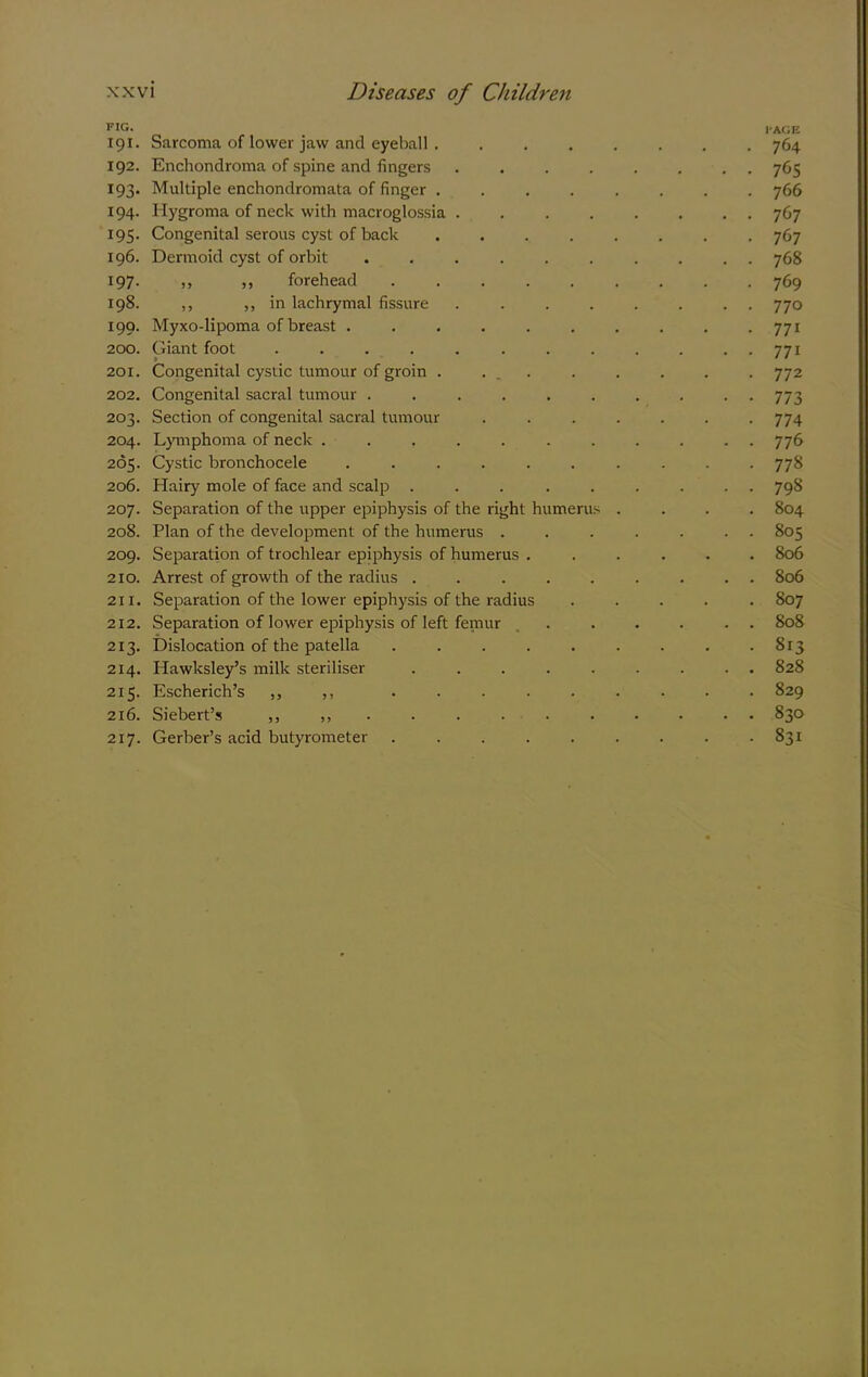FIG* l-AGE 191. Sarcoma of lower jaw and eyeball . ....... 764 192. Enchondroma of spine and fingers ........ 765 193. Multiple enchondromata of finger 766 194. Hygroma of neck with macroglossia 767 195. Congenital serous cyst of back 767 196. Dermoid cyst of orbit 768 197. ,, ,, forehead ......... 769 198. ,, ,, in lachrymal fissure ........ 770 199. Myxo-lipoma of breast . . . . . . . . . • 771 200. Giant foot . . . . . . . . . . . . 771 201. Congenital cystic tumour of groin . ... . . . . . 772 202. Congenital sacral tumour . . . . . . . . **773 203. Section of congenital sacral tumour ....... 774 204. L}miphoma of neck ........... 776 265. Cystic bronchocele .......... 778 206. Hairy mole of face and scalp ......... 798 207. Separation of the upper epiphysis of the right humerus .... 804 208. Plan of the development of the humerus ....... 805 209. Separation of trochlear epiphysis of humerus ...... 806 210. Arrest of growth of the radius ......... 806 211. Separation of the lower epiphysis of the radius ..... 807 212. Separation of lower epiphysis of left femur . . . . . . 808 213. Dislocation of the patella . . . . . . . . .813 214. Hawksley’s milk steriliser ......... 828 215. Escherich’s ,, ,, ......... 829 216. Siebert’s ,, • ■ • . . . . . . . 830 217. Gerber’s acid butyrometer 831