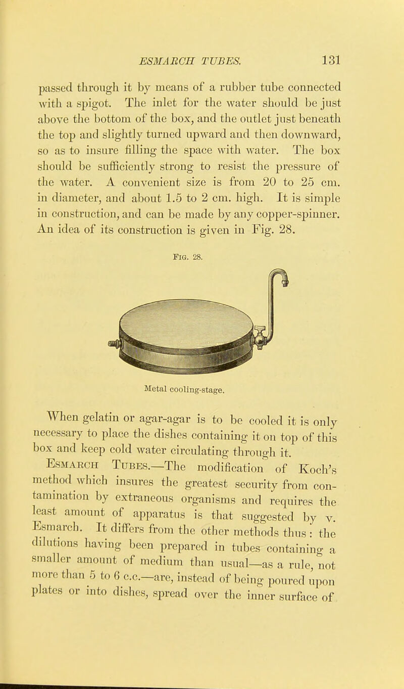 passed through it by means of a rubber tube connected with a spigot. The inlet for the water should be just above the bottom of the box, and the outlet just beneath the top and slightly turned upward and then downward, so as to insure filling the space with water. The box should be sufficiently strong to resist the pressure of the water. A convenient size is from 20 to 25 cm. in diameter, and about 1.5 to 2 cm. high. It is simple in construction, and can be made by any copper-spinner. An idea of its construction is given in Fig. 28. Pig. 28. Metal cooling-stage. When gelatin or agar-agar is to be cooled it is only necessary to place the dishes containing it on top of this box and keep cold water circulating through it, Esmarch Tubes.—The modification of Koch's method which insures the greatest security from con- tamination by extraneous organisms and requires the least amount of apparatus is that suggested by v. Esmarch. It differs from the other methods thus : the dilutions having been prepared in tubes containing a smaller amount of medium than usual—as a rule not more than 5 to 6 c.c.-are, instead of being poured upon plates or into dishes, spread over the inner surface of
