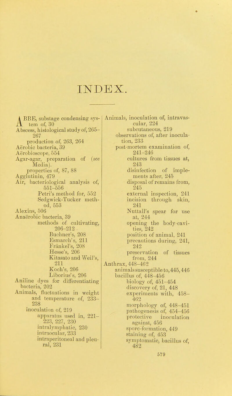 INDEX. ABBE) substage condensing sys- tem of, 30 Abscess, histological study of, 265- 267 production of, 263, 264 Aerobic bacteria, 39 Aerobioscope, 554 Agar-agar, preparation of (see Media). properties of, 87, 88 Agglutinin, 479 Air, bacteriological analysis of, 551-556 Petri's method for, 552 Sedgwick-Tucker meth- od, 553 Alexins, 506 Anaerobic bacteria, 39 methods of cultivating, 206-212 Buchner's, 208 Esmarch's, 211 Frankel's, 208 Hesse's, 206 Kitasato and Weil's, 211 Koch's, 206 Liborius's, 206 Aniline dyes for differentiating bacteria, 202 Animals, fluctuations in weight and temperature of, 233- 238 inoculation of, 219 apparatus used in, 221- 223, 227, 230 intralymphatic, 230 intraocular, 233 intraperitoneal and pleu- ral, 231 Animals, inoculation of, intravas- cular, 224 subcutaneous, 219 observations of, after inocula- tion, 233 post-mortem examination of, 241-246 cultures from tissues at, 243 disinfection of imple- ments after, 245 disposal of remains from, 245 external inspection, 241 incision through skin, 241 Nuttall's spear for use at, 244 opening the body-cavi- ties, 242 position of animal, 241 precautions during, 241, 242 preservation of tissues from, 244 Anthrax, 448-462 animalssusceptible to, 445,446 bacillus of, 448-456 biology of, 451-454 discovery of, 21, 448 experiments with, 458- 462 morphology of, 448-451 pathogenesis of, 454-456 protective inoculation against, 456 spore-formation, 449 staining of, 453 symptomatic, bacillus of, 482