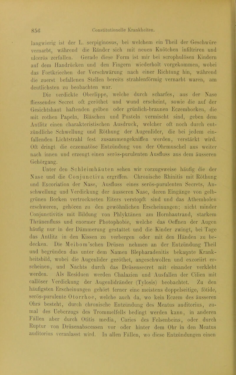 langwierig ist der L. serpiginosus, bei wclcliem ein Tlteil der Gescliwiire vernarbt, wälirend die Ränder sich mit neuen Knötclien inlillriren und ulcerös zerCallen. Gerade diese Form ist mir bei scropbulösen Kindern auf dem Ilandriicken und den Fingern wiederholt vorgekommen, wobei das Fortkriechen der Verschwärung nacli einer Richtung hin, wälirend die zuerst befallenen Stellen bereits strahlenförmig vernarbt waren, am deutlichsten zu beobachten war. Die verdickte Oberlippe, welche durch scharfes, aus der Nase lliessendes Secret oft geröthet und wund erscheint, sowie die auf der Gesichtshaut haftenden gelben oder grünlich-braunen Eczemborken, die mit rothen Papeln, Bläschen und Pusteln vermischt sind, geben dem Antlitz einen charakteristischen Ausdruck, welcher oft noch durch ent- zündliche Schwellung und Röthung der Augenlider, die bei jedem ein- fallenden Lichtstrahl fest zusammengekniffen werden, vei'stärkt wird. Oft dringt die eczematöse Entzündung von der Ohrmuschel aus weiter nach innen und erzeugt einen serös-purulenten Ausfluss aus dem äusseren Gehörgang. Unter den Schleimhäuten sehen wir vorzugsweise häufig die der Nase und die Con junctiva ergriffen. Chronische Rhinitis mit Röthung und Exeoriation der Nase, Ausfluss eines serös-purulenten Secrets, An- schwellung und Verdickung der äusseren Nase, deren Eingänge von gelb- grünen Borken vertrockneten Eiters verstopft sind und das Athemholen erschweren, gehören zu den gewöhnlichen Erscheinungen; nicht minder Conjunctivitis mit Bildung von Phlyktänen am Hornhautrand, starkem Thränenfloss und enormer Photophobie, welche das Oeffnen der Augen häufig nur in der Dämmerung gestattet und die Kinder zwingt, bei Tage das Antlitz in den Kissen zu verbergen oder mit den Händen zu be- decken. Die Meibom’schen Drüsen nehmen an der Entzündung Theil und begründen das unter dem Namen Blepharadenitis bekannte Krank- heitsbild, wobei die Augenlider geröthet, angeschwollen und exeoriirt er- scheinen, und Nachts durch das Drüsensecret mit einander verklebt werden. Als Residuen werden Chalazien und Ausfallen der Cilien mit callöser Verdickung der Augenlidrändcr (Tylosis) beobachtet. Zu den häufigsten Erscheinungen gehört ferner eine meistens doppelseitige, fötide, serös-purulente Otorrhoe, welche auch da, wo kein Eczem des äusseren Ohrs besteht, durch chronische Entzündung des Meatus auditorius, zu- mal des Ueberzugs des Trommelfells bedingt werden kann, in anderen Fällen aber durch Otitis media, Caries des Felsenbeins, oder durch Ruptur von Drüsenabscessen vor oder hinter dem Ohr in den Meatus auditorius veranlasst wird. In allen Fällen, wo diese Entzündungen einen