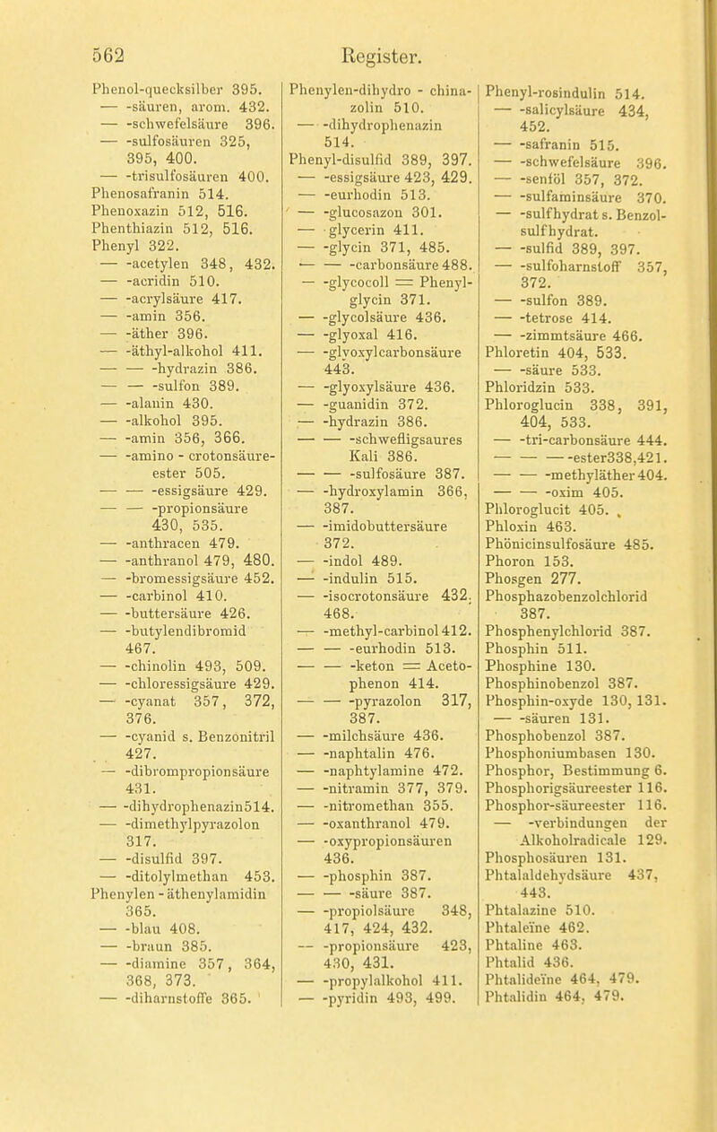 Phenol-quecksilber 395. — -säuren, arom. 432. — -Schwefelsäure 396. — -sulfosäuren 325, 395, 400. — -trisulfosäuren 400. Phenosafranin 514. Phenoxazin 512, 516. Phenthiazin 512, 516. Phenyl 322. acetylen 348, 432. — -acridin 510. — -acrylsäure 417. — -amin 356. äther 396. äthyl-alkohol 411. — — -hydrazin 386. sulfon 389. — -alauin 430. alkohol 395. — -amin 356, 366. — -amino - crotonsäure- ester 505. — — -essigsaure 429. — — Propionsäure 430, 535. — -anthracen 479. anthranol 479, 480. — -bromessigsäure 452. — -carbinol 410. buttersäure 426. — -butylendibromid 467. chinolin 493, 509. — -Chloressigsäure 429. cyanat 357, 372, 376. — -Cyanid s. Benzonitril 427. — -dibrompropion säure 431. dihydrophenazin514. — -dimethylpyrazolon 317. disulfid 397. — -ditolylmethan 453. Phenylen -äthenylamidin 365. — -blau 408. braun 385. — -diamine 357, 364, 368, 373. ■ diharnstofTe 365. Phenylen-dihydro - china- zolin 510. — -dihydrophenazin 514. Phenyl-disulfid 389, 397. essigsäure 423, 429. — -eurhodin 513. ■ — -glucosazon 301. — glycerin 411. glycin 371, 485. ■— — -carbonsäure 488. — -glycocoll = Phenyl- glycin 371. — -glycolsäure 436. — -glyoxal 416. — -gl voxyl carbonsäure 443. — -glyoxylsäure 436. — -guanidin 372. — -hydrazin 386. — — -schwefligsaures Kali 386. — — -sulfosäure 387. — -hydroxylamin 366, 387. — -imidobuttersäure 372. indol 489. — -indulin 515. — -isocrotonsäure 432. 468. — -inethyl-carbinol412. — — -eurhodin 513. — — -keton = Aceto- phenon 414. — pyrazolon 317, 387. — -milchsäure 436. — -naphtalin 476. — -naphtylamine 472. nitramin 377, 379. — -nitromethan 355. — -oxanthranol 479. — -oxypropionsäuren 436. — -phosphin 387. säure 387. — -propiolsäure 348, 417, 424, 432. — Propionsäure 423, 430, 431. — -propylalkohol 411. — -Pyridin 493, 499. Phenyl-rosindulin 514. salicylsäure 434, 452. safranin 515. Schwefelsäure 396. — -senföl 357, 372. sulfaminsäure 370. sulf hydrat s. Benzol- sulfhydrat. — -sulfid 389, 397. sulfoharnstofr 357, 372. — -sulfon 389. — -tetrose 414. — -zimmtsäure 466. Phloretin 404, 533. — -säure 533. Phloridzin 533. Phloroglucin 338, 391, 404, 533. — -tri-carbonsäure 444. ester338,421. — methyläther404. — — -oxim 405. Phloroglucit 405. . Phloxin 463. Phbnicinsulfosäure 485. Phoron 153. Phosgen 277. Phosphazobenzolchlorid 387. Phosphenylchlorid 387. Phosphin 511. Phosphine 130. Phosphinohenzol 387. Phosphin-oxyde 130, 131. — -säuren 131. Phosphobenzol 387. Phosphoniumbasen 130. Phosphor, Bestimmung 6. Phosphorigsäureester 116. Phosphor-säureester 116. — -Verbindungen der Alkoholradicale 129. Phosphosäuren 131. Phtalaldehydsäure 437, 443. Phtalazine 510. Phtaleine 462. Phtaline 463. Phtalid 436. Phtalideine 464, 479. Phtalidin 464, 479.