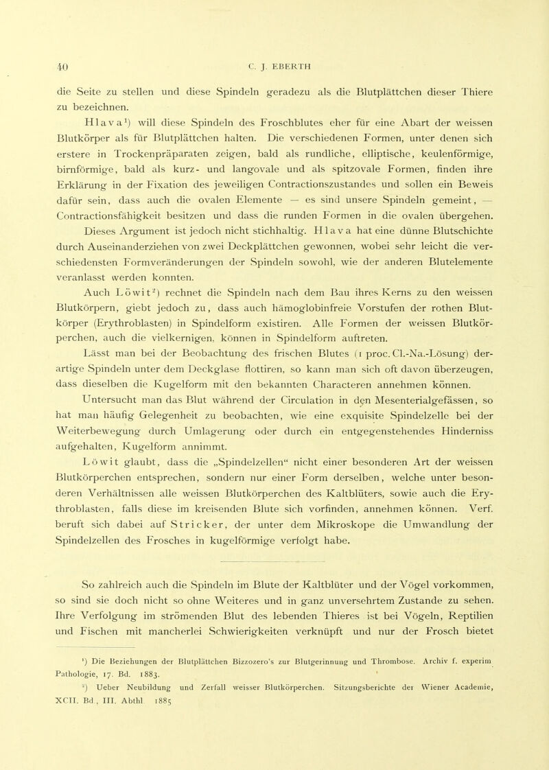 die Seite zu stellen und diese Spindeln geradezu als die Blutplättchen dieser Thiere zu bezeichnen. Hlava^) will diese Spindeln des Froschblutes eher für eine Abart der weissen Blutkörper als für Blutplättchen halten. Die verschiedenen Formen, unter denen sich erstere in Trockenpräparaten zeigen, bald als rundliche, elliptische, keulenförmige, birnförmige, bald als kurz- und langovale und als spitzovale Formen, finden ihre Erklärung in der Fixation des jeweiligen Contractionszustandes und sollen ein Beweis dafür sein, dass auch die ovalen Elemente — es sind unsere Spindeln gemeint, — Contractionsfähigkeit besitzen und dass die runden Formen in die ovalen übergehen. Dieses Argument ist jedoch nicht stichhaltig. H1 a v a hat eine dünne Blutschichte durch Auseinanderziehen von zwei Deckplättchen gewonnen, wobei sehr leicht die ver- schiedensten Formveränderungen der Spindeln sowohl, wie der anderen Blutelemente veranlasst werden konnten. Auch Löwit-) rechnet die Spindeln nach dem Bau ihres Kerns zu den weissen Blutkörpern, giebt jedoch zu, dass auch hämoglobinfreie Vorstufen der rothen Blut- körper (Erythroblasten) in Spindelform existiren. Alle Formen der weissen Blutkör- perchen, auch die vielkernigen, können in Spindelform auftreten. Lässt man bei der Beobachtung des frischen Blutes (i proc. Cl.-Na.-Lösung) der- artige Spindeln unter dem Deckglase flottiren, so kann man sich oft davon überzeugen, dass dieselben die Kugelform mit den bekannten Characteren annehmen können. Untersucht man das Blut während der Circulation in d^n Mesenterialgefässen, so hat man häufig Gelegenheit zu beobachten, wie eine exquisite Spindelzelle bei der Weiterbewegung durch Umlagerung oder durch ein entgegenstehendes Hinderniss aufgehalten, Kugelform annimmt. Löwit glaubt, dass die „Spindelzellen nicht einer besonderen Art der weissen Blutkörperchen entsprechen, sondern nur einer Form derselben, welche unter beson- deren Verhältnissen alle weissen Blutkörperchen des Kaltblüters, sowie auch die Ery- throblasten, falls diese im kreisenden Blute sich vorfinden, annehmen können. Verf. beruft sich dabei auf Stricker, der unter dem Mikroskope die Umwandlung der Spindelzellen des Frosches in kugelförmige verfolgt habe. So zahlreich auch die Spindeln im Blute der Kaltblüter und der Vögel vorkommen, so sind sie doch nicht so ohne Weiteres und in ganz unversehrtem Zustande zu sehen. Ihre Verfolgung im strömenden Blut des lebenden Thieres ist bei Vögeln, Reptilien und Fischen mit mancherlei Schwierigkeiten verknüpft und nur der Frosch bietet ') Die Beziehungen der Blutplättchen Bizzozero's zur Blutgerinnung und Thrombose. Archiv f. experim Pathologie, 17. Bd. 1883. ^) Ueber Neubildung und Zerfall weisser Blutkörperchen. Sitzungsberichte der Wiener Acadeniie, XCTI. Bd , III. Abthl 1885
