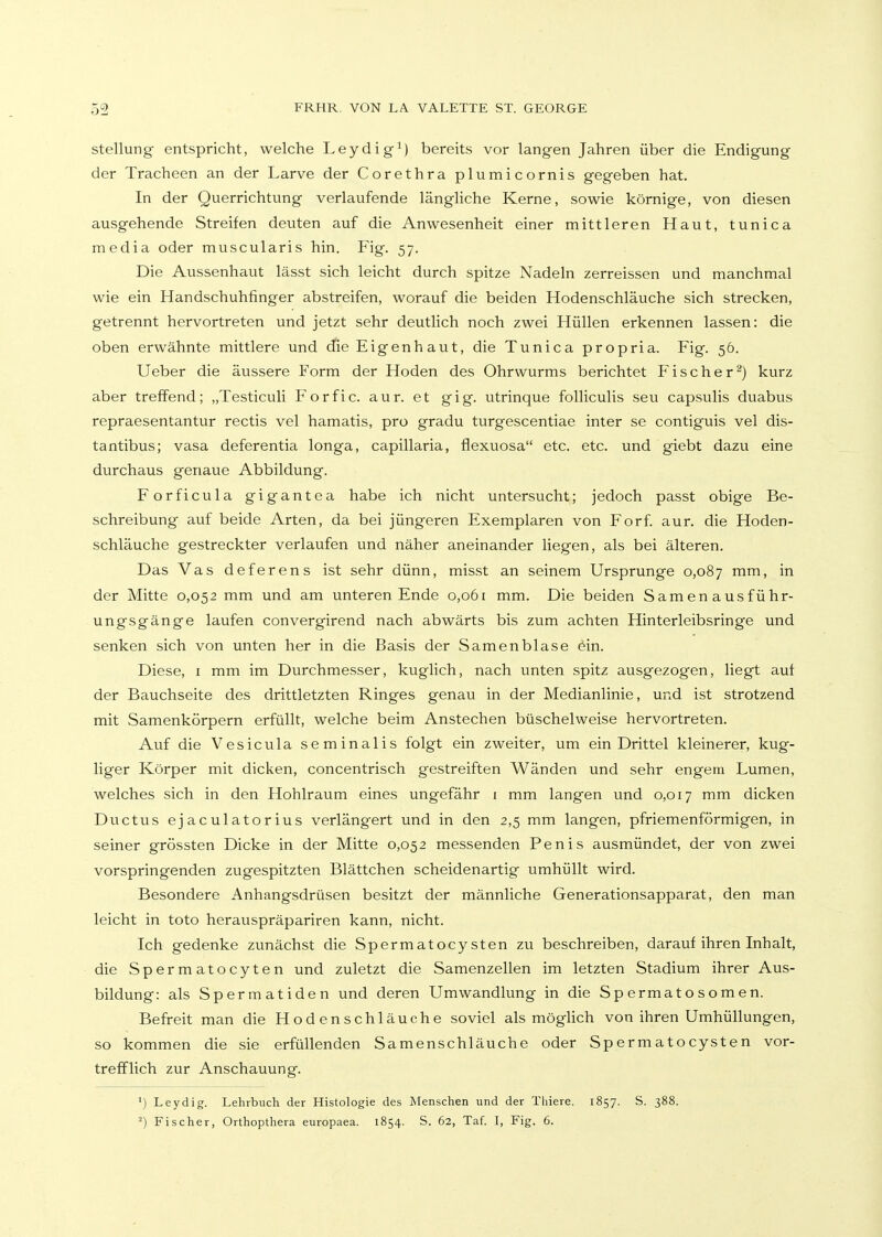 Stellung entspricht, welche Leydig^) bereits vor langen Jahren über die Endigung der Tracheen an der Larve der Corethra plumicornis gegeben hat. In der Querrichtung verlaufende längliche Kerne, sowie körnige, von diesen ausgehende Streifen deuten auf die Anwesenheit einer mittleren Haut, tunica media oder muscularis hin. Fig. 57. Die Aussenhaut lässt sich leicht durch spitze Nadeln zerreissen und manchmal wie ein Handschuhfinger abstreifen, worauf die beiden Hodenschläuche sich strecken, getrennt hervortreten und jetzt sehr deutlich noch zwei Hüllen erkennen lassen: die oben erwähnte mittlere und die Eigenhaut, die Tunica propria. Fig. 56. Ueber die äussere Form der Hoden des Ohrwurms berichtet Fischer^) kurz aber treffend; „Testiculi Forfic. aur. et gig. utrinque folliculis seu capsulis duabus repraesentantur rectis vel hamatis, pro gradu turgescentiae inter se contiguis vel dis- tantibus; vasa deferentia longa, capillaria, flexuosa etc. etc. und giebt dazu eine durchaus genaue Abbildung. Forficula gigantea habe ich nicht untersucht; jedoch passt obige Be- schreibung auf beide Arten, da bei jüngeren Exemplaren von Forf aur. die Hoden- schläuche gestreckter verlaufen und näher aneinander liegen, als bei älteren. Das Vas deferens ist sehr dünn, misst an seinem Ursprünge 0,087 mm, in der Mitte 0,052 mm und am unteren Ende 0,061 mm. Die beiden Samen ausführ- ungsgänge laufen convergirend nach abwärts bis zum achten Hinterleibsringe und senken sich von unten her in die Basis der Samenblase ^in. Diese, i mm im Durchmesser, kuglich, nach unten spitz ausgezogen, liegt auf der Bauchseite des drittletzten Ringes genau in der Medianlinie, und ist strotzend mit Samenkörpern erfüllt, welche beim Anstechen büschelweise hervortreten. Auf die Vesicula seminalis folgt ein zweiter, um ein Drittel kleinerer, kug- liger Körper mit dicken, concentrisch gestreiften Wänden und sehr engem Lumen, welches sich in den Hohlraum eines ungefähr i mm langen und 0,017 mm dicken Ductus e j ac ulator ius verlängert und in den 2,5 mm langen, pfriemenförmigen, in seiner grössten Dicke in der Mitte 0,052 messenden Penis ausmündet, der von zwei vorspringenden zugespitzten Blättchen scheidenartig umhüllt wird. Besondere Anhangsdrüsen besitzt der männliche Generationsapparat, den man leicht in toto herauspräpariren kann, nicht. Ich gedenke zunächst die Spermatocysten zu beschreiben, darauf ihren Inhalt, die Spermatocyten und zuletzt die Samenzellen im letzten Stadium ihrer Aus- bildung: als Spermatiden und deren Umwandlung in die Sp ermato somen. Befreit man die Hodenschläuche soviel als möghch von ihren Umhüllungen, so kommen die sie erfüllenden Samenschläuche oder Spermatocysten vor- trefflich zur Anschauung. Leydig. Lehrbuch der Histologie des Menschen und der Tliiere. 1857. S. 388. ^) Fischer, Orthopthera europaea. 1854. S. 62, Taf. I, Fig. 6.