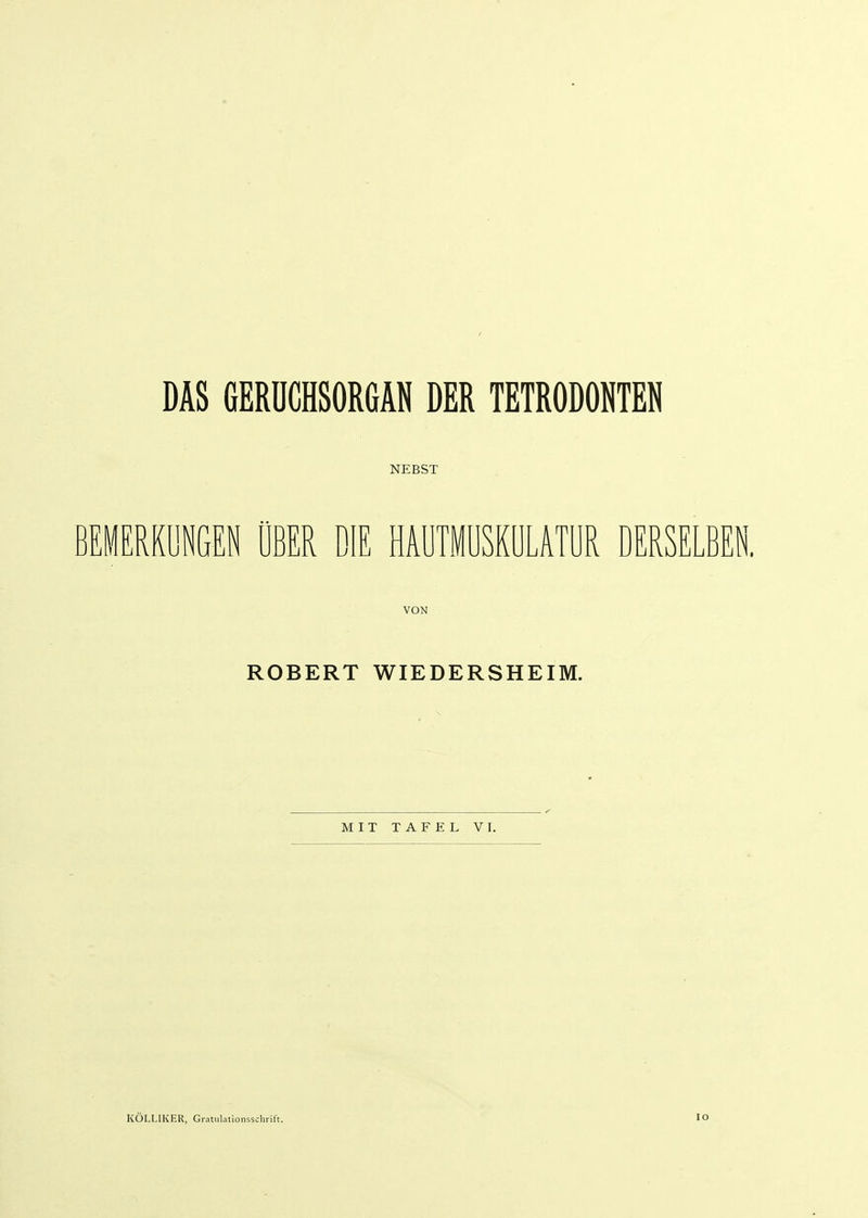 DAS GERÜCHSORGAN DER TETRODONTEN NEBST BEMERKONGEN ÜBER DIE HAUTMÜSKÜLATUR DERSELBEN, VON ROBERT WIEDERSHEIM. MIT TAFEL VI. KÖLLIKER, Gratulationsschrift. 10