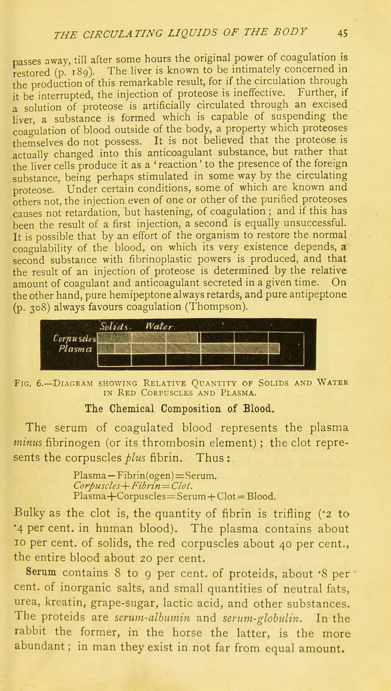 passes away, till after some hours the original power of coagulation is restored (p. 189). The liver is known to be intimately concerned in the production of this remarkable result, for if the circulation through it be interrupted, the injection of proteose is ineffective. Further, if a solution of proteose is artificially circulated through an excised liver, a substance is formed which is capable of suspending the coagulation of blood outside of the body, a property which proteoses themselves do not possess. It is not believed that the proteose is actually changed into this anticoagulant substance, but rather that the liver cells produce it as a ' reaction' to the presence of the foreign substance, being perhaps stimulated in some way by the circulating proteose. Under certain conditions, some of which are known and others not, the injection even of one or other of the purified proteoses causes not retardation, but hastening, of coagulation ; and if this has been the result of a first injection, a second is equally unsuccessful. It is possible that by an effort of the organism to restore the normal coagulability of the blood, on which its very existence depends, a second substance with fibrinoplastic powers is produced, and that the result of an injection of proteose is determined by the relative amount of coagulant and anticoagulant secreted in a given time. On the other hand, pure hemipeptone always retards, and pure antipeptone (p. 308) always favours coagulation (Thompson). So MgBHiiriiii III nmiicaM Fig. 6.—Diagram showing Relative Quantity of Solids and Water IN Red Corpuscles and Plasma. The Chemical Composition of Blood. The serum of coagulated blood represents the plasma wmws fibrinogen (or its thrombosin element); the clot repre- sents the corpuscles plus fibrin. Thus : Plasma — Fibrin(ogen)=.Serum. Corpuscles-^- Fibnn=C/o(. Plasma+Corpuscles=Serum+Clot = Blood. Bulky as the clot is, the quantity of fibrin is trifling ('2 to '4 per cent, in human blood). The plasma contains about 10 per cent, of solids, the red corpuscles about 40 per cent., the entire blood about 20 per cent. Serum contains 8 to g per cent, of proteids, about '8 per' cent, of inorganic salts, and small quantities of neutral fats, urea, kreatin, grape-sugar, lactic acid, and other substances. The proteids are serum-albumin and serum-globulin. In the rabbit the former, in the horse the latter, is the more abundant; in man they exist in not far from equal amount.