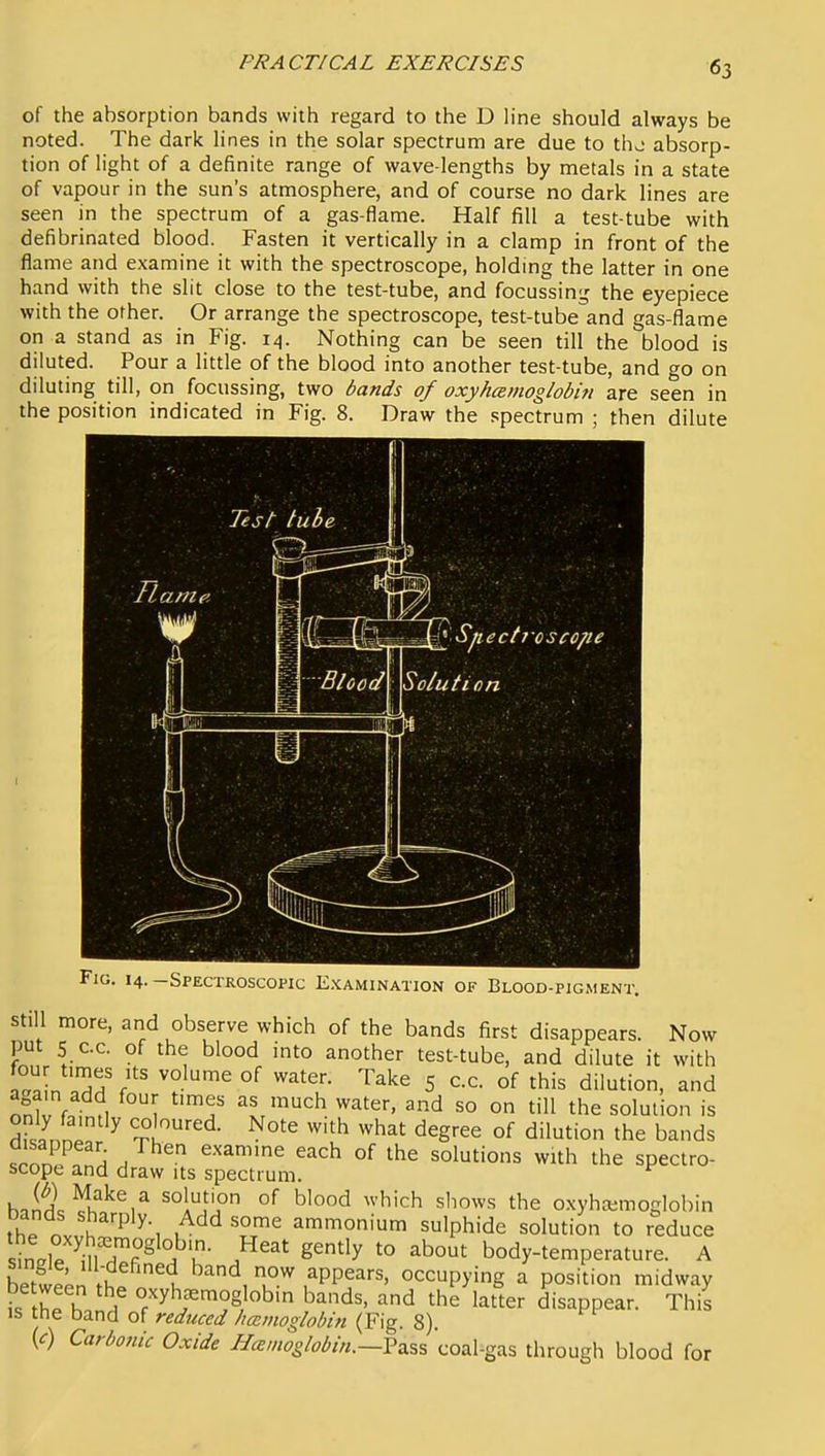 of the absorption bands with regard to the D line should always be noted. The dark lines in the solar spectrum are due to th^ absorp- tion of light of a definite range of wave-lengths by metals in a state of vapour in the sun's atmosphere, and of course no dark lines are seen in the spectrum of a gas-flame. Half fill a test-tube with defibrinated blood. Fasten it vertically in a clamp in front of the flame and examine it with the spectroscope, holding the latter in one hand with the slit close to the test-tube, and focussing the eyepiece with the other. Or arrange the spectroscope, test-tube°and gas-flame on a stand as in Fig. 14. Nothing can be seen till the blood is diluted. Pour a little of the blood into another test-tube, and go on diluting till, on focussing, two bands of oxyhemoglobin are seen in the position indicated in Fig. 8. Draw the spectrum ; then dilute Fig. 14.—Spectroscopic E.xamination of Blood-pigment. still more, and observe which of the bands first disappears. Now put 5 c.c. of the blood into another test-tube, and dilute it with a°Jn .H? '^^^^ 5 c.c. of this dilution, and onli f.^ n \ ''L™''' so on till the solution is dfsannl^^ TK ^'^^ ^^^^^ ^^^'^^ dilution the bands inn^ ; ^  each of the solutions with the spectro- scope and draw its spectrum. hoifil^vf^^,^ solution of blood which shows the oxyha;moglobin bands sharply Add some ammonium sulphide solution to reduce <L\^^lTT,^ Yu gently to about body-temperature. A Se^n K •^''^d now appears, occupying a position midway is tL bV/ f y^\^^oglbm bands, and the latter disappear. This IS the band of reduced hanioglobin (Fig. 8). {c) Carbonic Oxide Hcsmoglobin.—V^^^ coal-gas through blood for