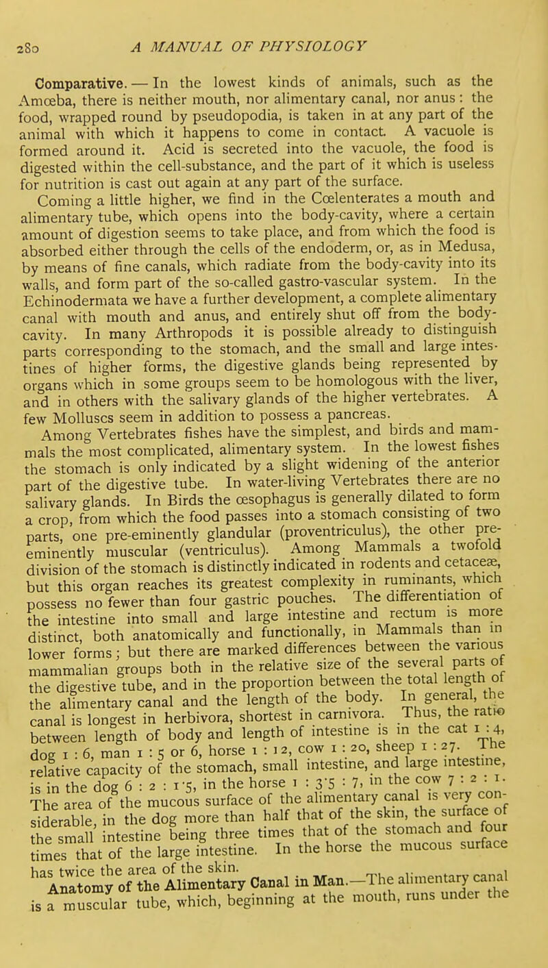 Comparative. — In the lowest kinds of animals, such as the Amoeba, there is neither mouth, nor alimentary canal, nor anus: the food, wrapped round by pseudopodia, is taken in at any part of the animal with which it happens to come in contact. A vacuole is formed around it. Acid is secreted into the vacuole, the food is digested within the cell-substance, and the part of it which is useless for nutrition is cast out again at any part of the surface. Coming a little higher, we find in the Coelenterates a mouth and alimentary tube, which opens into the body-cavity, where a certain amount of digestion seems to take place, and from which the food is absorbed either through the cells of the endoderm, or, as in Medusa, by means of fine canals, which radiate from the body-cavity into its walls, and form part of the so-called gastro-vascular system. In the Echinodermata we have a further development, a complete alimentary canal with mouth and anus, and entirely shut off from the body- cavity. In many Arthropods it is possible already to distinguish parts corresponding to the stomach, and the small and large intes- tines of higher forms, the digestive glands being represented by organs which in some groups seem to be homologous with the liver, and in others with the salivary glands of the higher vertebrates. A few Molluscs seem in addition to possess a pancreas. Among Vertebrates fishes have the simplest, and birds and mam- mals the most complicated, alimentary system. In the lowest fishes the stomach is only indicated by a slight widening of the anterior part of the digestive tube. In water-living Vertebrates there are no salivary glands. In Birds the oesophagus is generally dilated to form a crop, from which the food passes into a stomach consisting of two parts, one pre-eminently glandular (proventriculus), the other pre- eminently muscular (ventriculus). Among Mammals a twofold division of the stomach is distinctly indicated in rodents and cetacese but this organ reaches its greatest complexity in ruminants, which possess no fewer than four gastric pouches. The differentiation of the intestine into small and large intestine and rectum is more distinct, both anatomically and functionally, in Mammals than in lower forms: but there are marked differences between the various mammalian groups both in the relative size of the several parts of the digestive tube, and in the proportion between the total length of the alimentary canal and the length of the body. I S^^f'^!. \he canal is longest in herbivora, shortest in carnivora. Thus, the rati« between length of body and length of intestine is in the cat 1: 4, do? I • 6 man I : or 6, horse 1 : 12, cow i : 20, sheep i : 27. ihe relative capacity of the stomach, small intestine, and large intestine, is in the dog 6 : 2 : I'S, in the horse 1:3-5: 7, m the cow 7:2:1. ¥he area of the mucous surface of the alimentary canal is very con- siderable in the dog more than half that of the skm, the surface of the man nte tine being three times that of the stomach and four ^r^es that of the large intestine. In the horse the mucous surface 'iratly^mellfm^^^^^^^ Canal in Man.-The alimentary canal is f r^usSar tube, which, beginning at the mouth, runs under the