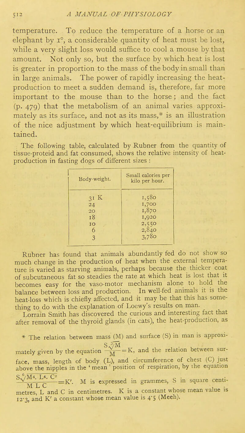 temperature. To reduce the temperature of a horse or an elephant by i°, a considerable quantity of heat must be lost, while a very slight loss would suffice to cool a mouse by that amount. Not only so, but the surface by which heat is lost is greater in proportion to the mass of the body in small than in large animals. The power of rapidly increasing the heat- production to meet a sudden demand is, therefore, far more important to the mouse than to the horse; and the fact (p. 479) that the metabolism of an animal varies approxi- mately as its surface, and not as its mass,* is an illustration of the nice adjustment by which heat-equilibrium is main- tained. The following table, calculated by Rubner from the quantity of tissue-proteid and fat consumed, shows the relative intensity of heat- production in fasting dogs of different sizes : Body-weight. o 24 20 18 10 6 3 I K Small calories per kilo per hour. 1,580 1,700 1,870 1,920 2,550 2,840 3,780 Rubner has found that animals abundantly fed do not show so much change in the production of heat when the external tempera- ture is varied as starving animals, perhaps because the thicker coat of subcutaneous fat so steadies the rate at which heat is lost that it becomes easy for the vaso-motor mechanism alone to hold the balance between loss and production. In well-fed animals it is the heat-loss which is chiefly affected, and it may be that this has some- thing to do with the explanation of Loewy's results on man. Lorrain Smith has discovered the curious and interesting fact that after removal of the thyroid glands (in cats), the heat-production, as * The relation between mass (M) and surface (S) in man is approxi- mately given by the equation --^ = K, and the relation between sur- face, mass, length of body (L), and circumference of chest (C) just above the nipples in the ' mean ' position of respiration, by the equation S */M4 L4 M L c' ^ expressed in grammes, S m square centi- metres, L and C in centimetres. K is a constant whose mean value is 12-3, and K' a constant whose mean value is 4-5 (Meeh).