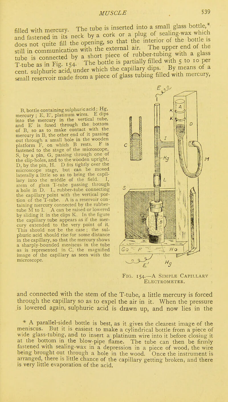 filled with mercury. The tube is inserted into a small glass bottle,^ ?foT InpnTn it^ neck by a cork or a plug of sealing-wax which ^ot not quite fi the^opeLg. so that tlTe interior of the bottle is S iJ communication with the external air. The upper end of the ube is cZneS by a short piece of rubber-tubing with a glass T tube as in ?S 154 The bot'tle is partially filled with 5 to 10 per ceS sulDhuric acid under which the capillary dips. By means of a Si resS^oir mad from a piece of glass tubing filled with mercury, B, bottle containing sulphuric acid; Hg, mercury ; E, E', platinum wires. E dips into the mercury in the vertical tube, and E' is fused through the bottom of B, so as to make contact with the mercury in B, the other end of it passing out through a small hole in the wooden platform F, on which B rests. F is fastened to the stage of the microscope, S, by a pin, G, passing through one of the chp-holes, and to the wooden upright, D, by the pin, H. D fits tightly over the microscope stage, but can be moved laterally a little so as to bring the capil- lary into the middle of the field. I, siem of glass T-tube passing through a hole in D. L, rubber-tube connecting the capillary point with the vertical por- tion of the T-iube. A is a reservoir con- taining mercury connected by the rubber- tube M to I. A can be raised or lowered by sliding it in the clips K. In the figure the capillary tube appears as if the mer- cury extended to the very point of it. This should not be the case ; the sul- phuric acid should rise for some distance in the capillary, so that the mercury shows a sharply-bounded meniscus in the tube as is represented in C, the magnified image of the capillary as seen with the microscope. Fig. 154.—A Simple Capillary Electrometer. and connected with the stem of the T-tube, a little mercury is forced through the capillary so as to expel the air in it. When the pressure is lowered again, sulphuric acid is drawn up, and now lies in the * A parallel-sided bottle is best, as it gives the clearest image of the meniscus. But it is easiest to make a cylindrical bottle from a piece of wide glass-tubing, and to insert a platinum wire into it before closing it at the bottom in the blow-pipe flame. The tube can then be firmly fastened with sealing-wax in a depression in a piece of wood, the wire being brought out through a hole in the wood. Once the instrument is arranged, there is little chance of the capillary getting broken, and there is very little evaporation of the acid.