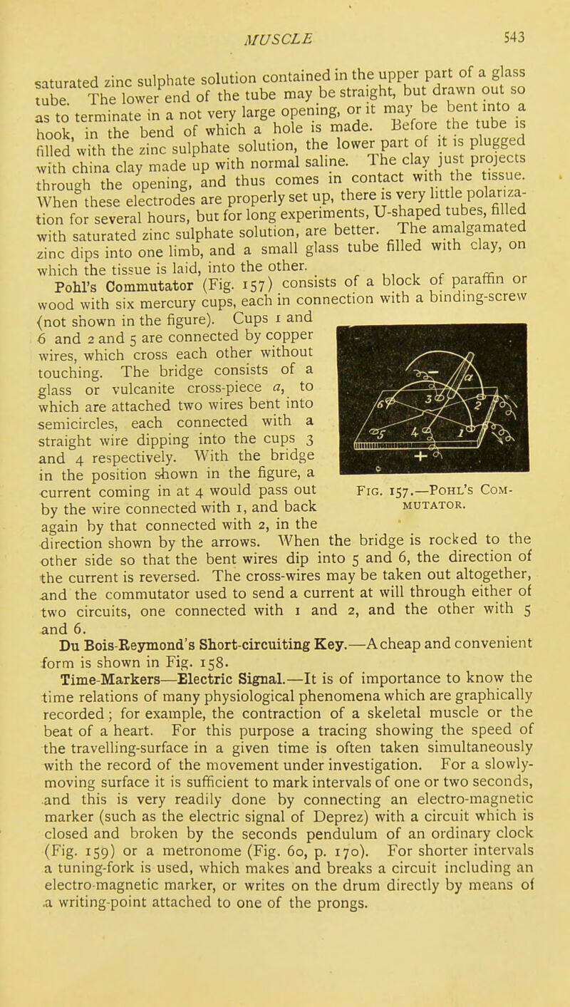 saturated zinc sulphate solution contained in the upper part of a glass t^be ThT^^^^^^^ of the tube may be straight, but drawn out so Is to terminate m a not very large opening, or it may be b^.t mto a hook, in the bend of which a hole is made. Before the tube is fiSed with the zinc sulphate solution, the lower part of it is plugged 5 china clay made up with normal saline. T^e clay just projects through the opening, and thus comes m contact wi h he tissue. When these electrodes are properly set up, there is very l^t le polariza- tion for several hours, but for long experiments, U-shaped tubes, fil ed with saturated zinc sulphate solution, are better. The amalgamated zinc dips into one limb, and a small glass tube filled with clay, on which the tissue is laid, into the other. _ , , , , . fc Pohl's Commutator (Fig. 157) consists of a block of paraffin or wood with six mercury cups, each in connection with a binding-screw <not shown in the figure). Cups i and 6 and 2 and 5 are connected by copper wires, which cross each other without touching. The bridge consists of a glass or vulcanite cross-piece a, to which are attached two wires bent into semicircles, each connected with a straight wire dipping into the cups 3 and 4 respectively. With the bridge in the position shown in the figure, a current coming in at 4 would pass out by the wire connected with 1, and back again by that connected with 2, in the direction shown by the arrows. When the bridge is rocked to the other side so that the bent wires dip into 5 and 6, the direction of the current is reversed. The cross-wires may be taken out altogether, and the commutator used to send a current at will through either of two circuits, one connected with 1 and 2, and the other with 5 and 6. Du Bois-Reymond's Short-circuiting Key.—A cheap and convenient form is shown in Fig. 158. Time-Markers—Electric Signal.—It is of importance to know the time relations of many physiological phenomena which are graphically recorded; for example, the contraction of a skeletal muscle or the beat of a heart. For this purpose a tracing showing the speed of the travelling-surface in a given time is often taken simultaneously with the record of the movement under investigation. For a slowly- moving surface it is sufficient to mark intervals of one or two seconds, .and this is very readily done by connecting an electro-magnetic marker (such as the electric signal of Deprez) with a circuit which is closed and broken by the seconds pendulum of an ordinary clock (Fig. 159) or a metronome (Fig. 60, p. 170). For shorter intervals a tuning-fork is used, which makes and breaks a circuit including an electro-magnetic marker, or writes on the drum directly by means of .a writing-point attached to one of the prongs. Fig. 157.—Pohl's Com- mutator.