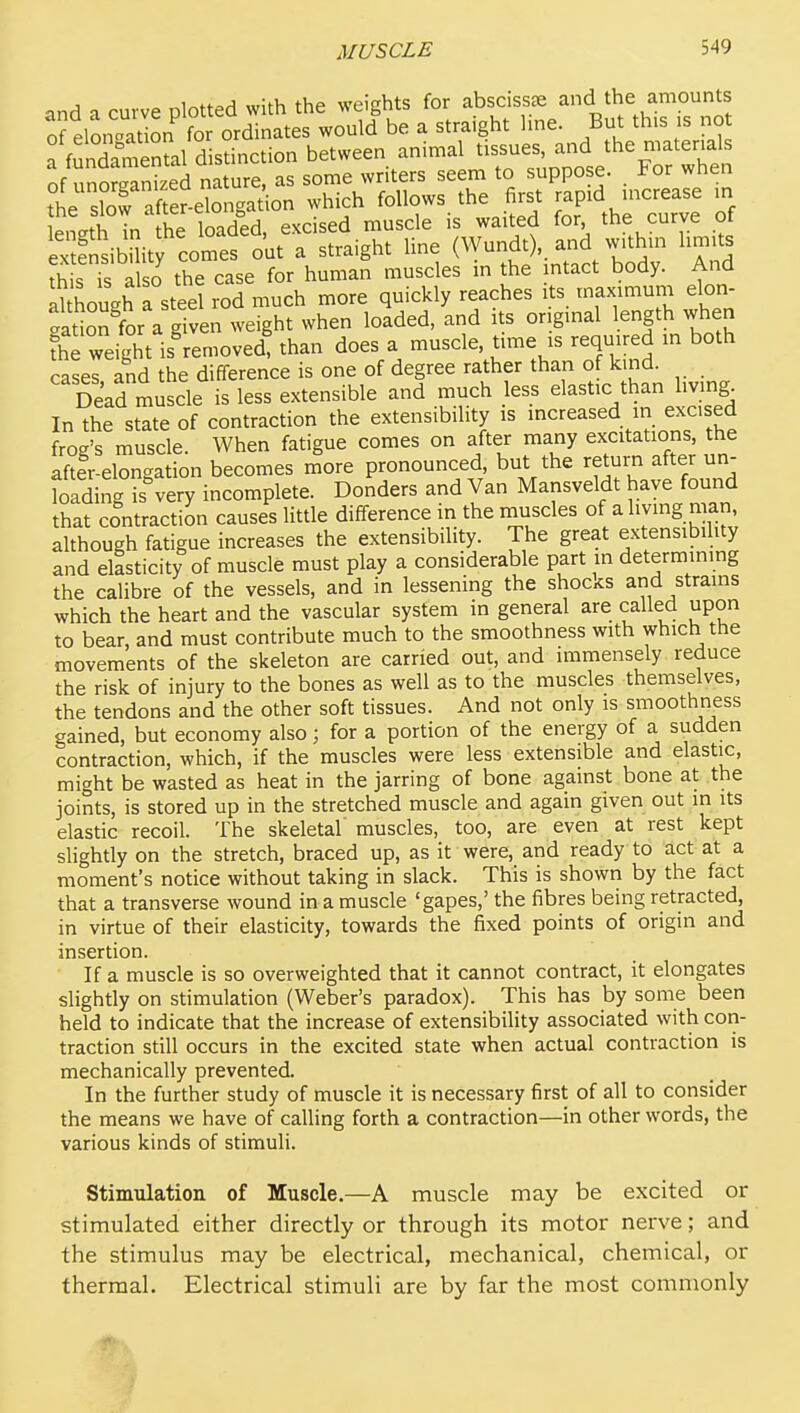 J .i^tf^>ri wUh the weights for abscissas and the amounts :felonc,ad:n' ^^^^ a straight line. But this is not ffundamentd distinction between animal '^^^ the mate^^^^^ of unor-anized nature, as some writers seem to suppose. For when the s?ow affer-elongation which follows the first rapid increase in the Slow auer e g excised muscle is waited for, the curve of Ssib\U cotf o^^^^^^^^ line (Wundt),. and within limits S s Ts also the case for human muscles in the mtact body. And llthoush a steel rod much more quickly reaches its maximum elon- gation for a given weight when loaded, and its original length when ?he weight is%emoved, than does a muscle, time is required in both cases and the difference is one of degree rather than of kind. Dead muscle is less extensible and much less elastic than living^ In the state of contraction the extensibility is increased m excised frog's muscle. When fatigue comes on after many excitations, the aftlr-elongation becomes more pronounced, but the return after un- foading is^ery incomplete. Bonders and Van Mansveldt have found that contraction causes little difference in the muscles of a living man, although fatigue increases the extensibility. The great extensibility and elasticity of muscle must play a considerable part in determinmg the calibre of the vessels, and in lessening the shocks and strains which the heart and the vascular system in general are called upon to bear, and must contribute much to the smoothness with which the movements of the skeleton are carried out, and immensely reduce the risk of injury to the bones as well as to the muscles themselves, the tendons and the other soft tissues. And not only is smoothness gained, but economy also; for a portion of the energy of a sudden contraction, which, if the muscles were less extensible and elastic, might be wasted as heat in the jarring of bone against bone at the joints, is stored up in the stretched muscle and again given out in its elastic recoil. The skeletal muscles, too, are even at rest kept slightly on the stretch, braced up, as it were, and ready to act at a moment's notice without taking in slack. This is shown by the fact that a transverse wound in a muscle 'gapes,' the fibres being retracted, in virtue of their elasticity, towards the fixed points of origin and insertion. If a muscle is so overweighted that it cannot contract, it elongates slightly on stimulation (Weber's paradox). This has by some been held to indicate that the increase of extensibility associated with con- traction still occurs in the excited state when actual contraction is mechanically prevented. In the further study of muscle it is necessary first of all to consider the means we have of calling forth a contraction—in other words, the various kinds of stimuli. Stimulation of Muscle.—A muscle may be excited or stimulated either directly or through its motor nerve; and the stimulus may be electrical, mechanical, chemical, or thermal. Electrical stimuli are by far the most commonly