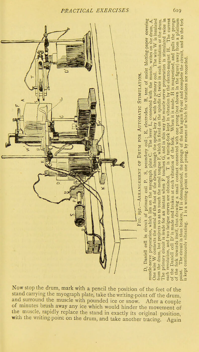 Now stop the drum, mark with a pencil the position of the feet of the stand carrying the myograph plate, take the writing-point off the drum, and surround the muscle with pounded ice or snow. After a couple of minutes brush away any ice which would hinder the movement of the muscle, rapidly replace the stand in exactly its original position with the wntmg point on the drum, and take another tracing. Again
