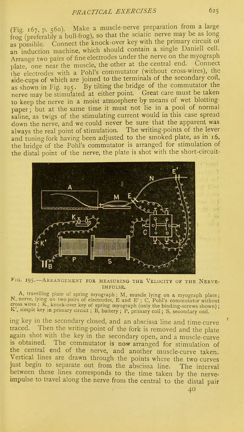 {Y\<y 167 p 560). Make a muscle-nerve preparation from a large frog (preferably a bull-frog), so that the sciatic nerve may be as long as possible. Connect the knock-over key with the primary circuit ol an induction machine, which should contain a single Darnell cell. Arrancre two pairs of fine electrodes under the nerve on the myograph plate °one near the muscle, the other at the central end. Connect ihe electrodes with a Pohl's commutator (without cross-wires), the side-cups of which are joined to the terminals of the secondary coil, as shown in Fig. 195. By tilting the bridge of the commutator the nerve may be stimulated at either point. Great care must be taken to keep the nerve in a moist atmosphere by means of wet blotting- paper ; but at the same time it must not lie in a pool of normal saline, as twigs of the stimulating current would in this case spread down the nerve, and we could never be sure that the apparent was always the real point of stimulation. The writing-points of the lever and tuning-fork having been adjusted to the smoked plate, as in 16, the bridge of the Pohl's commutator is arranged for stimulation of the distal point of the nerve, the plate is shot with the short-circuit- FiG. 195.—Arrangement for measuring the Velocity of the Nerve- impulse. A, travelling plate of spring myograph; M, muscle lying on a myograph plate; N, nerve, lying on two pairs of electrodes, E and E' ; C, Pohl's commutator without cross wires ; K, knock-over key of spring myograph (onlv the binding-screws shown); K . simple key in primary circuit ; B, battery ; P, primary coil; S, secondary coil. ing key in the secondary closed, and an abscissa line and time-curve traced. Then the writing-point of the fork is removed and the plate again shot with the key in the secondary open, and a muscle-curve is obtained. The commutator is now arranged for stimulation of the central end of the nerve, and another muscle-curve taken. Vertical lines are drawn through the points where the two curves just begin to separate out from the abscissa line. The interval between these lines corresponds to the time taken by the nerve- impulse to travel along the nerve from the central to the distal pair 40