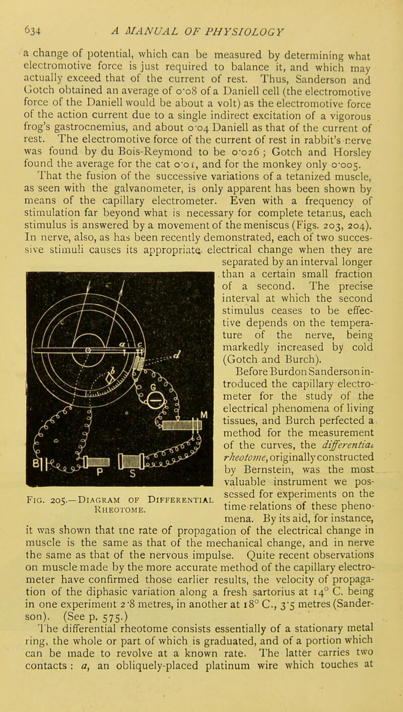 a change of potential, which can be measured by determining what electromotive force is just required to balance it, and which may actually exceed that of the current of rest. Thus, Sanderson and Gotch obtained an average of o-o8 of a Daniell cell (the electromotive force of the Daniell would be about a volt) as the electromotive force of the action current due to a single indirect excitation of a vigorous frog's gastrocnemius, and about 0-04 Daniell as that of the current of rest. The electromotive force of the current of rest in rabbit's nerve was found by du Bois-Reymond to be 0-026 ; Gotch and Horsley found the average for the cat o'ot, and for the monkey only 0-005. That the fusion of the successive variations of a tetanized muscle, as seen with the galvanometer, is only apparent has been shown by means of the capillary electrometer. Even with a frequency of stimulation far beyond what is necessary for complete tetanus, each stimulus is answered by a movement of the meniscus (Figs. 203, 204). In nerve, also, as has been recently demonstrated, each of two succes- sive stimuli causes its appropriate- electrical change when they are separated by an interval longer than a certain small fraction of a second. The precise interval at which the second stimulus ceases to be effec- tive depends on the tempera- ture of the nerve, being markedly increased by cold (Gotch and Burch). Before Burdon Sanderson in- troduced the capillary electro- meter for the study of the electrical phenomena of living tissues, and Burch perfected a. method for the measurement of the curves, the differential. r//^<7/^7;//^, originally constructed by Bernstein, was the most valuable instrument we pos- sessed for experiments on the time relations of these pheno- mena. By its aid, for instance, it was shown that rne rate of propagation of the electrical change in muscle is the same as that of the mechanical change, and in nerve the same as that of the nervous impulse. Quite recent observations on muscle made by the more accurate method of the capillary electro- meter have confirmed those earlier results, the velocity of propaga- tion of the diphasic variation along a fresh sartorius at 14° C. being in one experiment 2-8 metres, in another at 18° C, 3*5 metres (Sander- son). (See p. 575.) The differential rheotome consists essentially of a stationary metal ring, the whole or part of which is graduated, and of a portion which can be made to revolve at a known rate. The latter carries two contacts : a, an obliquely-placed platinum wire which touches at Fig. 205.—Diagram of Differential Rheoiome.