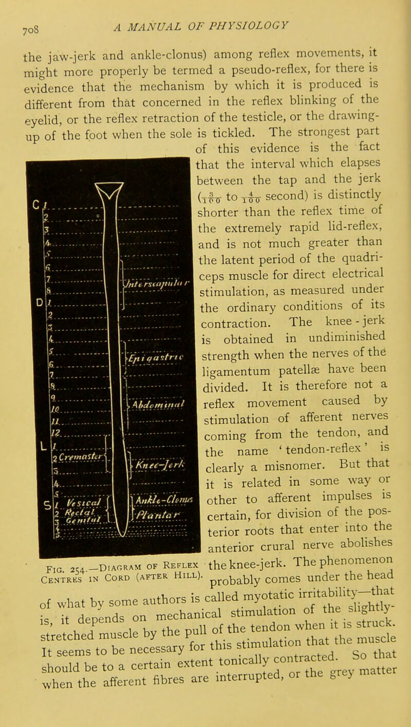 the jaw-jerk and ankle-clonus) among reflex movements, it might more properly be termed a pseudo-reflex, for there is evidence that the mechanism by which it is produced is diflerent from that concerned in the reflex blinking of the eyelid, or the reflex retraction of the testicle, or the drawing- up of 'the foot when the sole is tickled. The strongest part of this evidence is the fact that the interval which elapses between the tap and the jerk I (tfi7 to second) is distinctly shorter than the reflex time of I the extremely rapid Hd-reflex, and is not much greater than the latent period of the quadri ■ 5... 7.... S... D i... 2... jftte niapuhi r ceps muscle for direct electrical stimulation, as measured under the ordinary conditions of its contraction. The knee - jerk is obtained in undiminished strength when the nerves of th6 ligamentum patellae have been divided. It is therefore not a reflex movement caused by stimulation of afferent nerves coming from the tendon, and the name ' tendon-reflex' is clearly a misnomer. But that it is related in some way or other to afferent impulses is certain, for division of the pos- terior roots that enter into the anterior crural nerve abolishes 2.4 -DIAGRAM OF REPLEx the kuce-jcrk. The phenomenon Centres in Cord (after Hill). p^Q^^bly comes under the head of what by some ..thors is --'^]-^^^^f^''f^^X^t i= it deoends on mechanical stimulation of the silently ;Uhtrmtc,e hy the pnH when the afferent fibres are interrupted, or the grey m 9. 10. //.. 12. L / 2 Crf master'_ kr. 5- r' C, / l/esteal 2 Reel a i,.: 3 Gettttiil. Efticia^triC Abdotn'tttcil Plantar'