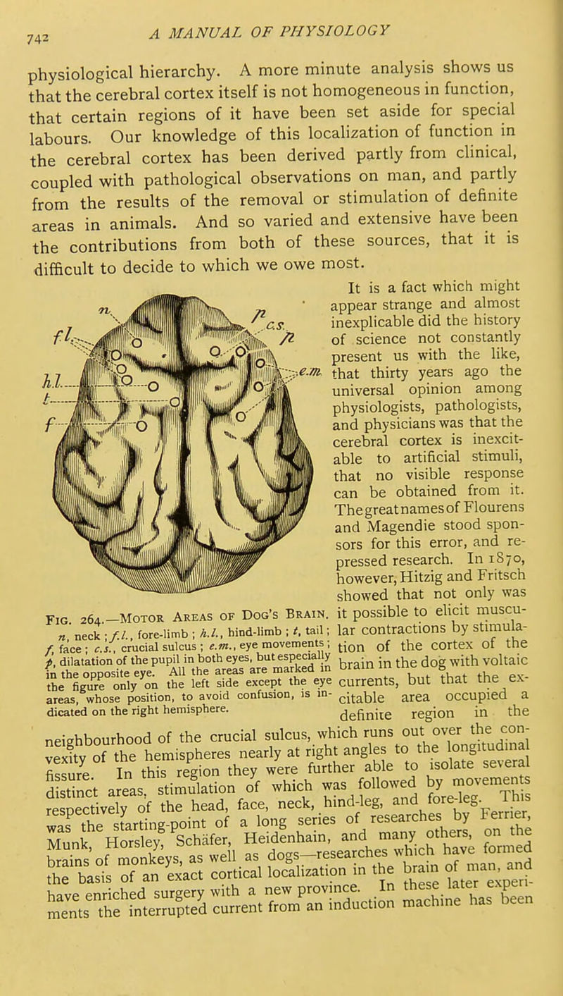 physiological hierarchy. A more minute analysis shows us that the cerebral cortex itself is not homogeneous in function, that certain regions of it have been set aside for special labours. Our knowledge of this locaHzation of function in the cerebral cortex has been derived partly from clinical, coupled with pathological observations on man, and partly from the results of the removal or stimulation of definite areas in animals. And so varied and extensive have been the contributions from both of these sources, that it is ■difficult to decide to which we owe most. It is a fact which might appear strange and almost inexplicable did the history of science not constantly present us with the like, r.e.m that thirty years ago the universal opinion among physiologists, pathologists, and physicians was that the cerebral cortex is inexcit- able to artificial stimuli, that no visible response can be obtained from it. The great names of Flourens and Magendie stood spon- sors for this error, and re- pressed research. In 1870, however, Hitzig and Fritsch showed that not only was Fig 264.-Motor Areas of Dog's Brain, it possible to elicit muscu- «'neck •/./. fore-limb; A./., hind-limb ; t, tail; lar contractions by stimula- / face- <r.J., crucial sulcus ; eye movements; ^^^^ t]^e COrtex Ot the dilatation of the pupil in both eyes, but especial y . ^ ^ - ^^ voltaic in the opposite eye. All the areas are marked m Drain in uic ^ the figure only on the left side except the eye currents, but that the ex areas, whose position, to avoid confusion, is in- (^jjable area occupied a dicated on the right hemisphere. definite region in the neighbourhood of the crucial sulcus, which runs out over the con- vS of the hemispheres nearly at right angles to the longitudina fissire In this region they were further able to isolate severa d tinct aJeas stimulation Jf which was  ^^^^'Th rpsnectivelv of the head, face, neck, hind-leg, and fore-leg. inis was the sLlg-point of a long series of researches by Ferrier Snk HSslev Schafer, Heidenhain, and many others, on the MunK, norbicy, 01.11a. , rp^parrhes wh ch have formed SI o??;SaS :o|S fS?^?| b.i„ or n;an a .