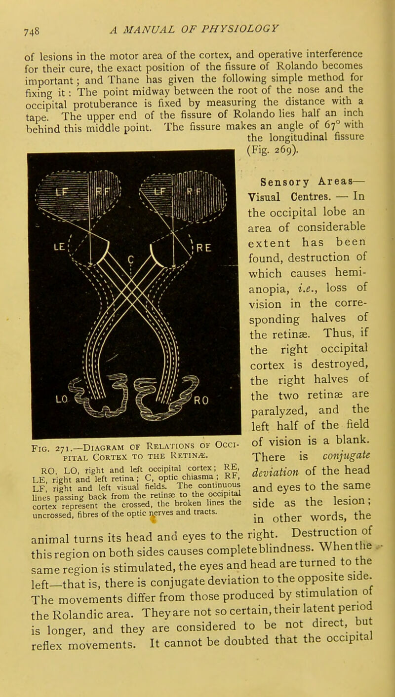 of lesions in the motor area of the cortex, and operative interference for their cure, the exact position of the fissure of Rolando becomes important; and Thane has given the following simple method for fixing it: The point midway between the root of the nose and the occipital protuberance is fixed by measuring the distance with a tape. The upper end of the fissure of Rolando lies half an inch behind this middle point. The fissure makes an angle of 67° with the longitudinal fissure (Fig. 269). Sensory Areas— Visual Centres. — In the occipital lobe an area of considerable extent has been found, destruction of which causes hemi- anopia, i.e., loss of vision in the corre- sponding halves of the retinae. Thus, if the right occipital cortex is destroyed, the right halves of the two retinae are paralyzed, and the left half of the field of vision is a blank. There is conjugate deviation of the head and eyes to the same side as the lesion; in other words, the animal turns its head and eyes to the right. D^^t^^l^tion of this region on both sides causes completebUndness. Whentlie same region is stimulated, the eyes and head are turned to the left-that is, there is conjugate deviation to the opposite side. The movements differ from those produced by stimulation of the Rolandic area. They are not so certain, their latent period is longer, and they are considered to be not direct, bu reflex movements. It cannot be doubted that the occipital Fig. 271.—Diagram of Relations of Occi- pital Cortex to the Retina. RO, LO, right and left occipital cortex; RE, LE, right and left retina; C, optic chiasma ; Kt, LF rilht and left visual fields. The continuous lines passing back from the retinae to the occipital cortex represent the crossed, the broken hnes the uncrossed, fibres of the optic nerves and tracts.