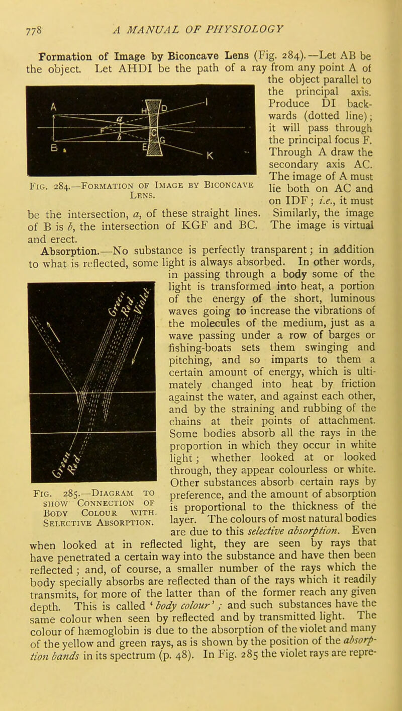 Formation of Image by Biconcave Lens (Fig. 284).—Let AB be the object. Let AHDI be the path of a ray from any point A of the object parallel to the principal axis. Produce DI back- wards (dotted line); it will pass through the principal focus F. Through A draw the secondary axis AC. The image of A must lie both on AC and on IDF; i.e., it must Similarly, the image The image is virtual Fig. 284.—Formation of Image by Biconcave Lens. be the intersection, a, of these straight lines, of B is d, the intersection of KGF and EC. and erect. Absorption.—No substance is perfectly transparent; in addition to what is reflected, some light is always absorbed. In other words, in passing through a body some of the light is transformed into heat, a portion of the energy of the short, luminous waves going to increase the vibrations of the molecules of the medium, just as a wave passing under a row of barges or fishing-boats sets them swinging and pitching, and so imparts to them a certain amount of energy, which is ulti- mately changed into heat by friction against the water, and against each other, and by the straining and rubbing of the chains at their points of attachment. Some bodies absorb all the rays in the proportion in which they occur in white light; whether looked at or looked through, they appear colourless or white. Other substances absorb certain rays by preference, and the amount of absorption is proportional to the thickness of the layer. The colours of most natural bodies are due to this selective absorption. Even when looked at in reflected light, they are seen by rays that have penetrated a certain way into the substance and have then been reflected ; and, of course, a smaller number of the rays which the body specially absorbs are reflected than of the rays which it readily transmits, for more of the latter than of the former reach any given depth. This is called ' body colour' ; and such substances have the same colour when seen by reflected and by transmitted light. The colour of haemoglobin is due to the absorption of the violet and many of the yellow and green rays, as is shown by the position of the absorp- tion bands in its spectrum (p. 48). In Fig. 285 the violet rays are repre- / // Fig. 285.—Diagram to SHOW Connection of Body Colour with. Selective Absorption.