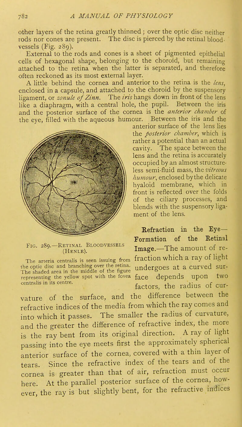 other layers of the retina greatly thinned; over the optic disc neither rods nor cones are present. The disc is pierced by the retinal blood- vessels (Fig. 289). External to the rods and cones is a sheet of pigmented epithelial cells of hexagonal shape, belonging to the choroid, but remaining attached to the retina when the latter is separated, and therefore often reckoned as its most external layer. A little behind the cornea and anterior to the retina is the /e?is, enclosed in a capsule, and attached to the choroid by the suspensory ligament, or zouu/e of Zinn. The iris hangs down in front of the lens like a diaphragm, with a central hole, the pupil. Between the iris and the posterior surface of the cornea is the anterior chamber of the eye, filled with the aqueous humour. Between the iris and the anterior surface of the lens lies the posterior chatnber, which is rather a potential than an actual cavity. The space between the lens and the retina is accurately occupied by an almost structure- less semi-fluid mass, the vitreous hujtwur, enclosed by the delicate hyaloid membrane, which in front is reflected over the folds of the ciliary processes, and blends with the suspensory liga- ment of the lens. Refraction in the Eye— Formation of the Retinal FIG. 289.-RETiNAL^^BLooDVEssKLs j^^g,__The amount of re- The aneria centralis is seen issuing from fraction which a ray of light the optic disc and branching over the retina. iinderffOeS at a CUrved SUr- ■  ■ 'the middle of the figure -'^ & The shaded area in ^. ..^^.^ representing the yellow spot with the fovea f^cC depends upon tWO centralis in its centre. , .„j;„^ „f -„r factors, the radius 01 cur- vature of the surface, and the difference between the refractive indices of the media from which the ray comes and into which it passes. The smaller the radius of curvature, and the greater the difference of refractive index, the more is the ray bent from its original direction. A ray of light passing into the eye meets first the approximately spherical anterior surface of the cornea, covered with a thin layer of tears. Since the refractive index of the tears and of the cornea is greater than that of air, refraction must occur here At the parallel posterior surface of the cornea, how- ever, the ray is but slightly bent, for the refractive inaices