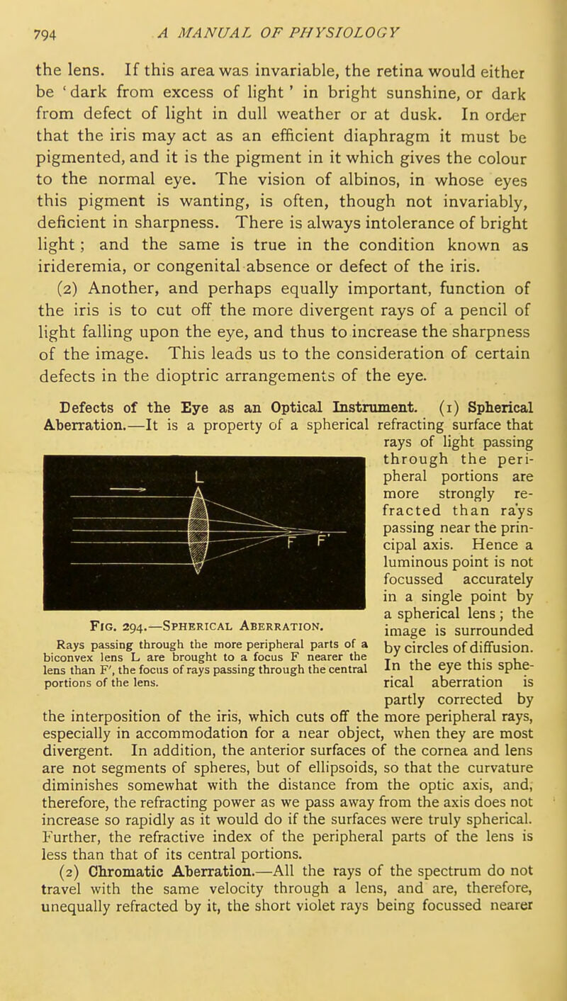 the lens. If this area was invariable, the retina would either be ' dark from excess of light' in bright sunshine, or dark from defect of light in dull weather or at dusk. In order that the iris may act as an efficient diaphragm it must be pigmented, and it is the pigment in it which gives the colour to the normal eye. The vision of albinos, in whose eyes this pigment is wanting, is often, though not invariably, deficient in sharpness. There is always intolerance of bright light; and the same is true in the condition known as irideremia, or congenital absence or defect of the iris. (2) Another, and perhaps equally important, function of the iris is to cut off the more divergent rays of a pencil of light falling upon the eye, and thus to increase the sharpness of the image. This leads us to the consideration of certain defects in the dioptric arrangements of the eye. Defects of the Eye as an Optical Instrument, (i) Spherical Aberration.—It is a property of a spherical refracting surface that rays of light passing through the peri- pheral portions are more strongly re- fracted than ra'ys passing near the prin- cipal axis. Hence a luminous point is not focussed accurately in a single point by a spherical lens; the image is surrounded by circles of diffusion. In the eye this sphe- rical aberration is partly corrected by the interposition of the iris, which cuts off the more peripheral rays, especially in accommodation for a near object, when they are most divergent. In addition, the anterior surfaces of the cornea and lens are not segments of spheres, but of ellipsoids, so that the curvature diminishes somewhat with the distance from the optic axis, and, therefore, the refracting power as we pass away from the axis does not increase so rapidly as it would do if the surfaces were truly spherical. Further, the refractive index of the peripheral parts of the lens is less than that of its central portions. (2) Chromatic Aberration.—All the rays of the spectrum do not travel with the same velocity through a lens, and are, therefore, unequally refracted by it, the short violet rays being focussed nearer Fig. 294.—Spherical Aberration. Rays passing through the more peripheral parts of a biconvex lens L are brought to a focus F nearer the lens than F', the focus of rays passing through the central portions of the lens.