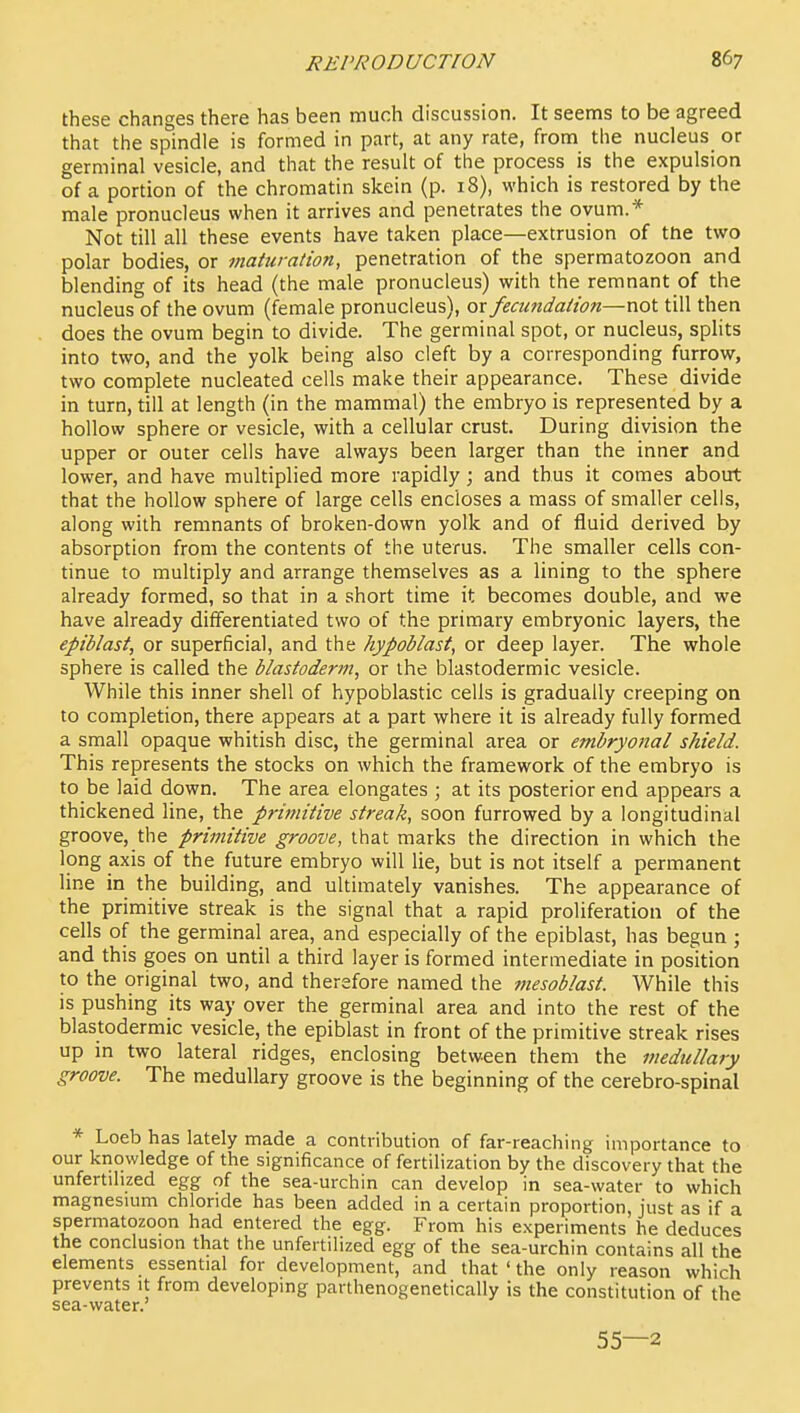 these changes there has been much discussion. It seems to be agreed that the spindle is formed in part, at any rate, from the nucleus or germinal vesicle, and that the result of the process is the expulsion of a portion of the chromatin skein (p. 18), which is restored by the male pronucleus when it arrives and penetrates the ovum.* Not till all these events have taken place—extrusion of the two polar bodies, or maturation, penetration of the spermatozoon and blending of its head (the male pronucleus) with the remnant of the nucleus of the ovum (female pronucleus), or fecundation—not till then does the ovum begin to divide. The germinal spot, or nucleus, splits into two, and the yolk being also cleft by a corresponding furrow, two complete nucleated cells make their appearance. These divide in turn, till at length (in the mammal) the embryo is represented by a hollow sphere or vesicle, with a cellular crust. During division the upper or outer cells have always been larger than the inner and lower, and have multiplied more rapidly; and thus it comes about that the hollow sphere of large cells encloses a mass of smaller cells, along with remnants of broken-down yolk and of fluid derived by absorption from the contents of the uterus. The smaller cells con- tinue to multiply and arrange themselves as a lining to the sphere already formed, so that in a short time it becomes double, and we have already differentiated two of the primary embryonic layers, the epiblast, or superficial, and the hypoblast, or deep layer. The whole sphere is called the blastoderm, or the blastodermic vesicle. While this inner shell of hypoblastic cells is gradually creeping on to completion, there appears at a part where it is already fully formed a small opaque whitish disc, the germinal area or embryonal shield. This represents the stocks on which the framework of the embryo is to be laid down. The area elongates ; at its posterior end appears a thickened line, the primitive streak, soon furrowed by a longitudinal groove, the primitive groove, that marks the direction in which the long axis of the future embryo will lie, but is not itself a permanent line in the building, and ultimately vanishes. The appearance of the primitive streak is the signal that a rapid proliferation of the cells of the germinal area, and especially of the epiblast, has begun ; and this goes on until a third layer is formed intermediate in position to the original two, and therefore named the fnesoblast. While this is pushing its way over the germinal area and into the rest of the blastodermic vesicle, the epiblast in front of the primitive streak rises up in two lateral ridges, enclosing between them the medullary groove. The medullary groove is the beginning of the cerebro-spinal * Loeb has lately made a contribution of far-reaching importance to our knowledge of the significance of fertilization by the discovery that the unfertilized egg of the sea-urchin can develop in sea-water to which magnesium chloride has been added in a certain proportion, just as if a spermatozoon had entered the egg. From his experiments he deduces the conclusion that the unfertilized egg of the sea-urchin contains all the elements essential for development, and that ' the only reason which prevents it from developing parthenogenetically is the constitution of the sea-water. 55—2