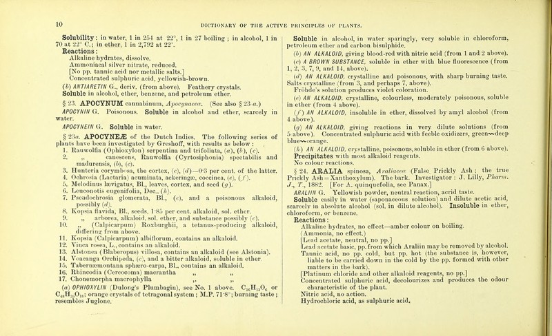 Solubility: in water, 1 in 254 at 22°, 1 in 27 boiling ; in alcohol, 1 in 70 at 22° C; in ether, 1 in 2,792 at 22°. Reactions: Alkaline hydrates, dissolve. Ammoniacal silver nitrate, reduced. [No pp. tannic acid nor metallic salts.] Concentrated sulphuric acid, yellowish-brown. (b) ANT IA RET IN G., deriv. (from above). Feathery crystals. Soluble in alcohol, ether, benzene, and petroleum ether. § 23. APOCYNUM cannabinum, Apocynacece. (See also § 23 a.) APOCYNIN G. Poisonous. Soluble in alcohol and ether, scarcely in water. APOCYNEIN G. Soluble in water. § 23a. APOCYNE-ffi of the Dutch Indies. The following series of plants have been investigated by Greshoff, with results as below : 1. Rauwolfia (Opbioxylon) serpentina and trifoliata, (a), (b), (c). 2. ,, canescens, Rauwolfia (Cyrtosiphonia) spectabilis and madurensis, (b), (c). 3. Hunteria corymbnsa, the cortex, (c), (d)—03 per cent, of the latter. 4. Ochrosia (Lactaria) acuminata, ackeringre, coccinea, (e), ( /'). 5. Melodinus laevigatus, Bl., leaves, cortex, and seed (g), 6. Leuconotis eugenifolia, Dec, (/*.). 7. Pseadochrosia glomerata, Bl., (c), and a poisonous alkaloid, possibly (d). 8. Kopsia flavida, Bl., seeds, 1 '85 per cent, alkaloid, sol. ether. 9. ,, arborea, alkaloid, sol. ether, and substance possibly (c). 10. ,, (Calpicarpum) Roxburghii, a tetanus-producing alkaloid, differing from above. 11. Kopsia (Calpicarpum) albiflorum, contains an alkaloid. 12. Yinca rosea, L., contains an alkaloid. 13. Alstonea (Blaberopus) villosa, contains an alkaloid (see Alstonia). 14. Voacanga Orchipeda, (c), and a bitter alkaloid, soluble in ether. 15. Tabernasmontana sphasro-carpa, Bl., contains an alkaloid. 16. Rbincodia (Cercocoma) macrantha „ „ 17. Chonemorpha macrophylla ,, ,, (a) 0PHI0XYLIN (Dulong's Plumbagin), see No. 1 above. C16H1:j06 or C48FL,,0]8; orange crystals of tetragonal system ; M.P. 71*8°; burning taste ; resembles Juglone. Soluble in alcohol, in water sparingly, very soluble in chloroform, petroleum ether and carbon bisulphide. (b) AN ALKALOID, giving blood-red witb nitric acid (from 1 and 2 above). (c) A BROWN SUBSTANCE, soluble in ether with blue fluorescence (from 1, 2, 3, 7, 9, and 14, above). (d) AN ALKALOID, crystalline and poisonous, witb sharp burning taste. Salts crystalline (from 3, and perhaps 7, above). Frohde's solution produces violet coloration. (p) AN ALKALOID, crystalline, colourless, moderately poisonous, soluble in ether (from 4 above). (/) AN ALKALOID, insoluble in ether, dissolved by amyl alcohol (from 4 above). (g) AN ALKALOID, giving reactions in very dilute solutions (from 5 above). Concentrated sulphuric acid witb feeble oxidizers, green-wdeep blue-^orange. (/*) AN ALKALOID, crystalline, poisonous, soluble in ether (from 6 above). Precipitates with most alkaloid reagents. No colour reactions. § 24. ARALIA spinosa, Araliacece (False. Prickly Ash; the true Prickly Ash = Xanthoxylnm). The bark. Investigator: J. Lilly, Pharm. J., T., 1882. [For A. quinquefolia, see Panax.] ARALIIN G. Yellowish powder, neutral reaction, acrid taste. Soluble easily in water (saponaceous solution) and dilute acetic acid, scarcely in absolute alcohol (sol. in dilute alcohol). Insoluble in ether, chloroform, or benzene. Reactions: Alkaline hydrates, no effect—amber colour on boiling. (Ammonia, no effect.) [Lead acetate, neutral, no pp.] Lead acetate basic, pp.from which Araliin may be removed by alcohol. Tannic acid, no pp. cold, but pp. hot (the substance is, however, liable to be carried down in the cold by the pp. formed with other matters in the bark). [Platinum chloride and other alkaloid reagents, no pp.] Concentrated sulphuric acid, decolourizes and produces the odour characteristic of the plant. Nitric acid, no action. Hydrochloric acid, as sulphuric acid.