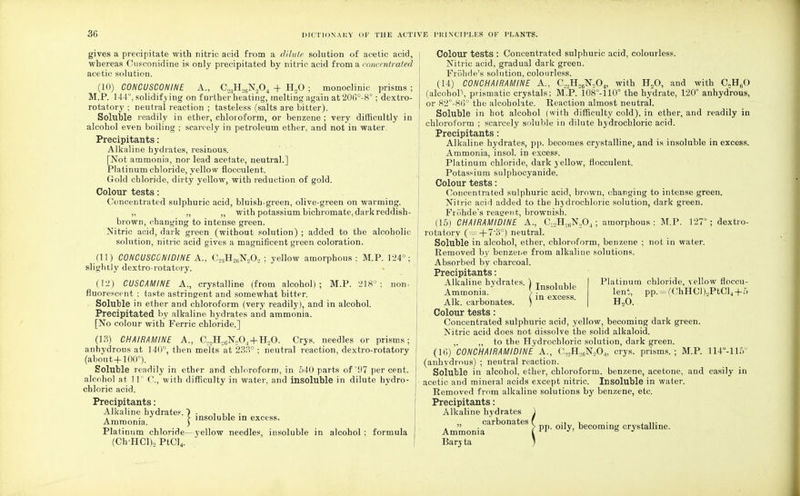 gives a precipitate with nitric acid from a dilute solution of acetic acid, whereas Cusconidine is only precipitated by nitric acid from a concentrated acetic solution. (10) CONCUSCONINE A., C23H2f.N204 + H20 ; monoclinic prisms ; M.P. 144°, solidifying on further heating, melting again at206°-8°; dextro- rotatory ; neutral reaction ; tasteless (salts are bitter). Soluble readily in ether, chloroform, or benzene ; very difficultly in alcohol even boiling ; scarcely in petroleum ether, and not in water. Precipitants: Alkaline hydrates, resinous. [Not ammonia, nor lead acetate, neutral.] Platinum chloride, yellow flocculent. Gold chloride, dirty yellow, with reduction of gold. Colour tests: Concentrated sulphuric acid, bluish-green, olive-green on warming. ,, „ „ with potassium bichromate, dark reddish- brown, changing to intense green. Nitric acid, dark green (without solution) ; added to the alcoholic solution, nitric acid gives a magnificent green coloration. (11) CONCUSCGNIDINE A., C23H26N262 ; yellow amorphous ; M.P. 124°; slightly dextro-rotatory. (12) CUSCAMINE A., crystalline (from alcohol); M.P. 218°; non- fluorescent ; taste astringent and somewhat bitter. Soluble in ether and chloroform (very readily), and in alcohol. Precipitated by alkaline hydrates and ammonia. [No colour with Ferric chloride.] (13) CHAIRAMINE A., a2H.:0N.,O4 + HoO. Crys. needles or prisms; anhydrous at 140°, then melts at 233° ; neutral reaction, dextro-rotatory (about + 100°). Soluble readily in ether and chloroform, in 540 parts of '97 percent, alcohol at 11° C, with difficulty in water, and insoluble in dilute hydro- chloric acid. Precipitants: Alkaline hydrates. 7 • , • Ammonia. { insoluble in excess. Platinum chloride—yellow needles, insoluble in alcohol ; formula (Ch-HCl)o PtCl4. Colour tests : Concentrated sulphuric acid, colourless. Nitric acid, gradual dark green. Frohde's solution, colourless. (14) CONCH AI RAM INE A, C22H26N204, with H20, and with C„H60 (alcohol\ prismatic crystals; M.P. 108 -110° the hydrate, 120° anhydrous, or 82°-86° the alcoholate. Eeaction almost neutral. Soluble in hot alcohol (with difficulty cold), in ether, and readily in chloroform ; scarcely soluble in dilute hydrochloric acid. Precipitants: Alkaline hydrates, pp. becomes crystalline, and is insoluble in excess. Ammonia, insol. in excess. Platinum chloride, dark yellow, flocculent. Potassium snlphocyanide. Colour tests: Concentrated sulphuric acid, brown, changing to intense green. Nitric acid added to the hydrochloric solution, dark green. Frohde's reagent, brownish. (15) CHAIRAMIDINE A., C22H26N„04; amorphous: M.P. 127°; dextro- rotatory (=+7'3°) neutral. Soluble in alcohol, ether, chloroform, benzene ; not in water. Removed by benzene from alkaline solutions. Absorbed by charcoal. Precipitants: Alkaline hydrates. ) Ingolnble Ammonia. > • . „ , (in excess. Alk. carbonates. ) Colour tests: Concentrated sulphuric acid, yellow, becoming dark green. Nitric acid does not dissolve the solid alkaloid. ,, to the Hydrochloric solution, dark green. (1G) CONCHAIRAMIDINE A., C„2H26N204, crys. prisms.; M.P. 114°-115' (anhydrous) ; neutral reaction. Soluble in alcohol, ether, chloroform, benzene, acetone, and easily in acetic and mineral acids except nitric. Insoluble in water. Removed from alkaline solutions by benzene, etc. Precipitants: Alkaline hydrates ) Ammonia arb°nateS ( PP- °ily' becoming crystalline. Bary ta ; Platinum chloride, yellow floccu- lent, pp. = (ChHC)).,PtCl4+5 H20.