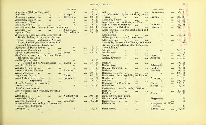 SEE UNDER Angostura (Galipea Cusparia) ... -t- Anisodus ... ... ... ... Atropa ... Anonacece, several ... ... ... Berberis ... Anthemis, Compos. ... ... ... —i- Anthocercis, Solan. ... ... ... -f- Antiaris, Urtic. ... ... ... —f- Antirrhinum ; for Rhinanthin see Rhinanthus Aperulea ... ... ... ... Laurinecc... Apium, Umbel. ... ... ... Petroselinum Apocynacece; see Alstonia, Apocynecc of Dutch Indies, Apocynum, Cerbera, Echugin poison, Guacbamania, Nerium, Payta, Pareira (for Pau-Pareira), Plu- meria, Strophanthus, Urechitis Apocynca'. of Dutch Indies ... ... -* Apocynum Cannabinum Apple (Pyrus malus) Aquifoliacea, see Ilex; for Ilex Para guayensis, see Thea Aralia Spinosa, Aral. „ Ginseng and A. Quinquefolia Arariba, Rubiacea; ... Arbutus Uva Ursi ... Arctostaphylos, Ericacecv Areca, Palmacece Argemone, Papav. ... Aristolochia Cava, Aristol. „ Serpentaria Aristolochiacece; see preceding Arnica, Compos. ... ... ... —h Aroidece ; see Acorus Arrow poison ; see Strychnos, Strophan- thus, etc. Artar root ... ... ... ... Xanthoxylon Artemisia, Compos. ... ... ... —i- Asagrea (Sabadilla) ... ... ... Veratrum Asclepiadacece; see Asclepias,Gonolobus, Calotropis, Tylophora Asclepias .., ... ... ... —i- Pyrus Panax Arbutus ., —t- Opium .. Corydalis INDEX. 169 SEE UNDER PAGE Ash ... ... ... ... Fraxinus... ... 53,128 „ Mountain, Pyrus (Sorbus) aucu- paria ... ... ... ... Prunus ... ... 81,138 Asiminia, Papav. ... ... ... -i- ... 14, 112 Asparagus ; for Coniferin, see Pinus ... ... ... 79, 138 Aspen (Populus tremula) ... ... Populus ... ... 81,138 Asperula; for Catechin ... ... Catechu ... ... 25,118 Aspidosperma ; see Quebracho bark and Payta bark Athamantha ... ... ... -i- ... 14, 112 Atherospermacece ; see Atherosperma Atherosperma ... ... ... —h ... 14, 112 Atractylis, Compos. ; for Viscin, see Viscum ... ... 103 Atropacecs ; see Atropa (other Solanacece, see Solanum) Atropa ... ... ... ... -.- ... 14, 112 Aurantiacece ... ... ... —i- ... 18, 114 Avens ... ... ... ... Geum ... ... 55,128 Azalea, Ericacece ... ... ... Arbutus ... ... 11, 110 Bacharis ... .. ... ... -<- ... 19, 114 Baobab tree ... ... ... Adansonia ... 5, 106 Baphia (Barwood) ... ... ... Baphia ... ... 19, 114 Barberry ... ... ... ... Berberis ... ... 20, 114 Barosma, Rutaceai ... ... ... —h ... 20, 114 Beam tree ; for Amygdalin, see Prunus ... ... 81, 138 Bearberry ... ... ... ... Arbutus ... ... 11, 110 Bebeeru ... ... ... ... -j. ... 20, 114 Beetroot ; for Coniferin ... ... Pinus ... ... 79, 138 Belladonna... ... ... ... Atropa ... ... 14,112 Berberidacece ; see Berberis, Nandina Berberis ... ... ... ... -t- ... 20,114 Betel nut ... ... ... ... Areca ... ... 12,110 Bignoniacece ; see Caroba Big root, Californian ... ... Megarrhiza ... 64 Bitter root „ ... ... ... „ ... 64 Blaberopus... ... ... ... Apocynecz of West Indies ... ... 10 Blackberry... ... ... ... Rubus ... ... 87,142