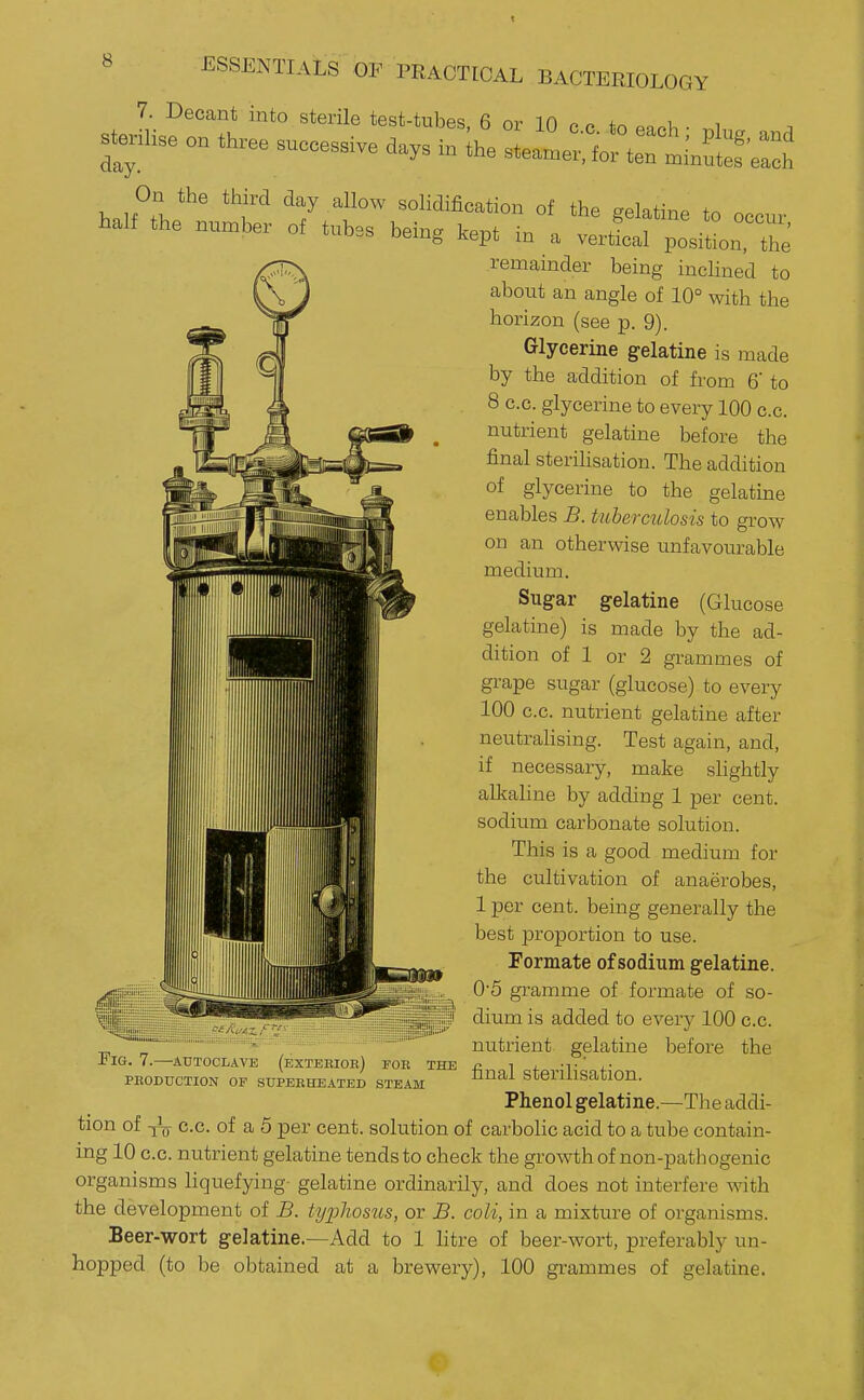 7. Decant into sterile test-tubes 6 or 1 f) r. ^ f^ u «H.e on tH.e suooes.. Oays in la'erforrlnSSi' ''f ^ solidification of ths gelatine to occur half the number of tube, being kept in a vertLl po.itL the remainder being inclined to about an angle of 10° with the horizon (see p. 9). Glycerine g^elatine is made by the addition of from 6' to 8 c.c. glycerine to every 100 c.c. nutrient gelatine before the final sterihsation. The addition of glycerine to the gelatine enables B. titberctUosis to grow on an otherwise unfavourable medium. Sugar gelatine (Glucose gelatine) is made by the ad- dition of 1 or 2 grammes of grape sugar (glucose) to every 100 c.c. nutrient gelatine after neutrahsing. Test again, and, if necessary, make slightly alkaline by adding 1 per cent, sodium carbonate solution. This is a good medium for the cultivation of anaerobes, 1 per cent, being generally the best proportion to use. Formate of sodium gelatine. 05 gramme of formate of so- dium is added to every 100 c.c. nutrient gelatine before the final sterilisation. Phenol gelatine.—The addi- Fig. 7.—autoclave (extebiob) toe the peoduction op supebheated steam tion of c.c. of a 5 per cent, solution of carbolic acid to a tube contain- ing 10 c.c. nutrient gelatine tends to check the growth of non-pathogenic organisms liquefying gelatine ordinarily, and does not interfere vnth the development of B. tyjjJiosus, or B. coli, in a mixture of organisms. Beer-wort gelatine.—Add to 1 htre of beer-wort, preferably un- hopped (to be obtained at a brewery), 100 grammes of gelatine.