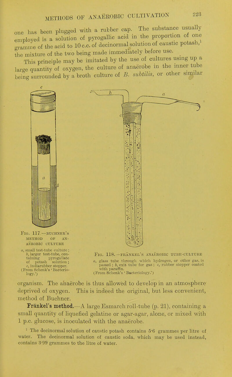 METHODS OF ANAEROBIC CULTIVATION one has been plugged with a rubber cap. The substance usually employed is a solution of p>TOganic acid in the proportion o one cramu'e of the acid to lOc.c. of decinormal solution of caustic potash, the mixture of the two being made immediately before use. _ This principle may be imitated by the use of cultures using up a large quantity of oxygen, the culture of anaerobe in the inner tube being surrounded by a broth culture of B. mbtilis, or other similar Fig. 117—buchner's method of an- aekobic culttjee a, small test-tube culture ; b, larger test-tube, con- taining pyrogallate of potash solution; e, iiiiilarubber stopper. (From Scbeult's 'Bacterio- logy.') Fig. 118. —fkankel's anaeeobic tube-cultuee n, glass tube tbrougli wliicli bydrogen, or other gas, is passed ; b, exit tube for gas ; c, rubber stopper coated Nvith paraffin. (From Sclienk's ' Bacteriology.') organism. The anaerobe is thus allowed to develop in an atmosphere deprived of oxygen. This is indeed the original, but less convenient, method of Buchner. Trankel's method.—A large Esmarch roll-tube (p. 21), containing a small quantity of liquefied gelatine or agar-agar, alone, or mixed with 1 p.c. glucose, is inoculated with the anaerobe. ' The decinormal solution of caustic potash contains 5-6 grammes per litre of water. The decinormal solution of caustic soda, which may be used instead, contains 3-99 grammes to the litre of water.