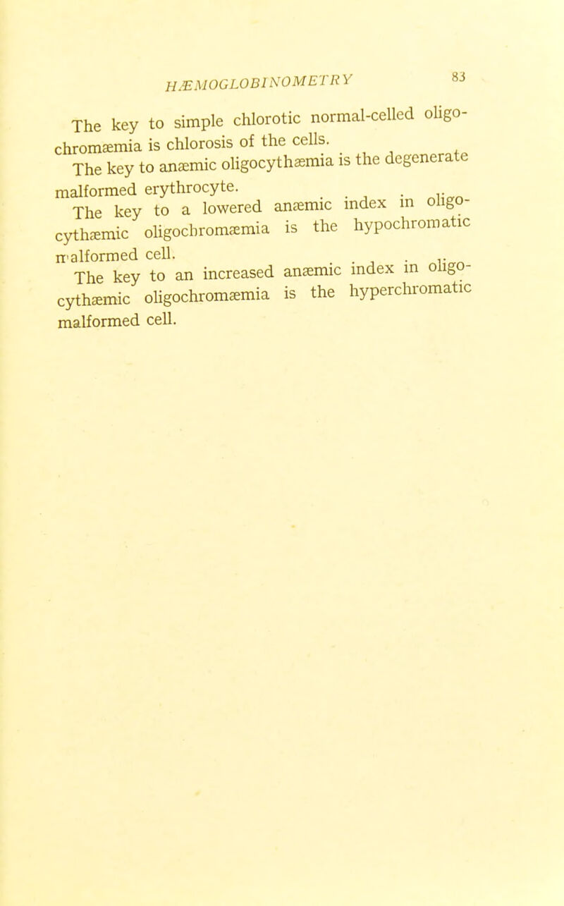 The key to simple chlorotic normal-celled oligo- chrom^emia is chlorosis of the cells. The key to anaemic oligocythasmia is the degenerate malformed erythrocyte. _ The key to a lowered aneemic mdex m ohgo- cyth.Tmic ohgochroma^mia is the hypochromatic n-alformed cell. . . j • The key to an increased anaemic index in oligo- cythemic oligochromemia is the hyperchromatic malformed cell.