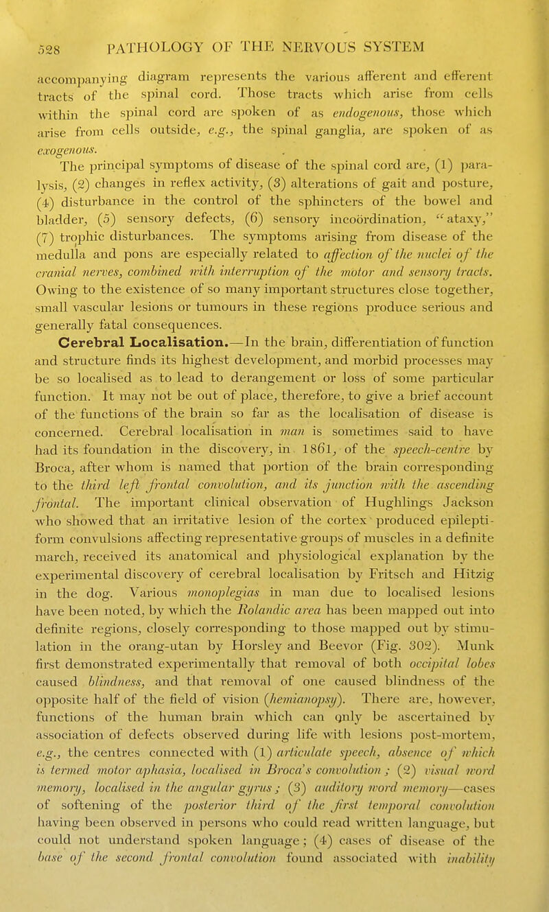 accompanying diagram represents the various afferent and efferent tracts of the spinal cord. Those tracts which arise from cells within the spinal cord are sjjoken of as endogenous, those wiiich arise from cells outside, e.g., the spinal ganglia, are spoken of as exogenous. The principal symptoms of disease of the spinal cord are, (1) para- lysis, (2) changes in reflex activity, (3) alterations of gait and posture, (4) disturbance in the control of the sphincters of the bowel and bladder, (5) sensory defects, (6) sensory incoordination, ataxy, (7) trophic disturbances. The symptoms arising from disease of the medulla and pons are especially related to affection of the nuclei of the cranial nerves, combified with intemqjtion of the rnotor and sen.sorij tracts. Owing to the existence of so many important structures close together, small vascular lesions or tumours in these regions produce serious and generally fatal consequences. Cerebral Localisation.—In the brain, diff'erentiation of function and structure finds its highest development, and morbid processes may be so localised as to lead to derangement or loss of some particular function. It may not be out of place, therefore, to give a brief account of the functions of the brain so far as the locahsation of disease is concerned. Cerebral localisation in man is sometimes said to have had its foundation in the discovery, in. 186l, of the speech-centre by Broca, after whom is named that portion of the brain corresponding to the third lefi frontal convohdion, and its junction with the ascending frontal. The important clinical observation of Hughlings Jackson who showed that an irritative lesion of the cortex' produced epilepti- form convulsions affecting representative groups of muscles in a definite march, received its anatomical and physiological explanation b_v the experimental discovery of cerebral localisation by Fi-itsch and Hitzig in the dog. Various monoplegias in man due to localised lesions have been noted, by which the Eolandic area has been mapjied out into definite regions, closely coiTesponding to those maj^ped out by stimu- lation in the orang-utan by Horsley and Beevor (Fig. 302). Munk first demonstrated experimentally that removal of both occipital lobes caused blindness, and that removal of one caused blindness of the opposite half of the field of vision (Jiemianopsij). There are, however, functions of the human brain which can qnly be ascertained by association of defects observed dui-ing life with lesions jDost-mortem, e.g., the centres connected with (1) articulate speech, absence of which if, termed motor aphasia, localised in Broca's convolution ; (2) visual word memorij, localised in the angular gyrus ; (3) auditory word niemort/—cases of softening of the posteiior third of the first temporal convolution having been observed in persons who could read written language, but could not understand spoken language; (4) cases of disease of the base of the second frontal convolution found associated with inabiliti/