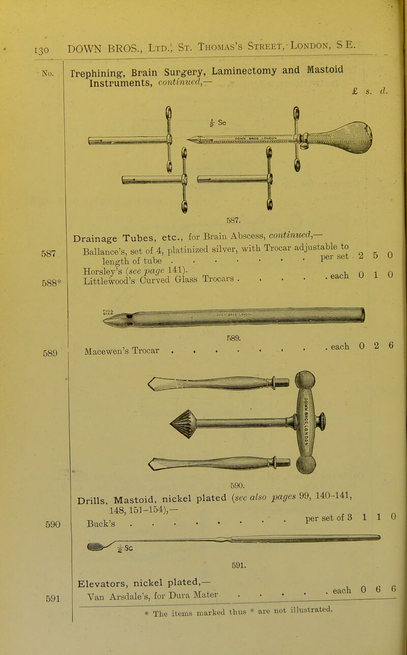 No. 687 588* 590 691 Trephining-, Brain Surg-ery, Laminectomy and Mastoid Instruments, continued — £ s. d. Drainage Tubes, etc., for Brain Abscess, continued — Ballance's, set of 4, platinized silver, with Trocar adjustable length of tube per set . 2 5 0 Horsley's {see page 141). 0 10 Littlewood's Curved Glass Trocars eacn r)89. 589 Macewen's Trocar . each 0 2 6 590. Drills, Mastoid, nickel plated {see also pages 99, 140-141, '148,151-154),— , , . . . per set of 3 1 1 0 Buck's ^ 591. Elevators, nickel plated,— Van Arsdale's, for Dura Mater . each 0 6 0