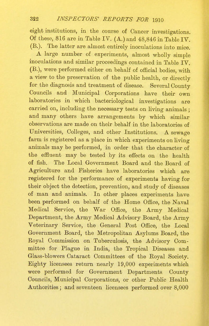 eight institutions, in the course of Cancer investigations. Of these, 816 are in Table IV. (A.) and 48,846 in Table IV. (B.). The latter are almost entii-ely inoculations into mice. A large number of experiments, almost wholly simple inoculations and similar proceedings contained in Table TV. (B.), were performed either on behalf of official bodies, with a view to the preservation of the pubhc health, or directly for the diagnosis and treatment of disease. Several County Councils and Municipal Corporations have their own laboratories in which bacteriological investigations are carried on, including the necessary tests on living animals ; and many others have arrangements by which similar observations are made on their behalf in the laboratories of Universities, Colleges, and other Institutions. A sewage farm is registei-ed as a place in which experiments on living animals may be performed, in order that the character of the effluent may be tested by its effects on the health of fish. The Local Government Board and the Board of Agriculture and Fisheries have laboratories which are registered for the performance of experiments having for their object the detection, prevention, and study of diseases of man and animals. In other places experiments have been performed on behalf of the Home Office, the Naval Medical Service, the War Office, the Army Medical Department, the Army Medical Advisory Board, the Army Veterinary Service, the General Post Office, the Local Government Board, the Metropolitan Asylums Board, the Royal Commission on Tuberculosis, the Advisory Com- mittee for Plague in India, the Tropical Diseases and Glass-blowers Cataract Committees of the Royal Society. Eighty licensees return nearly 19,000 experiments which were performed for Government Departments County Councils, Municipal Corporations, or other Public Health Authorities; and seventeen licensees performed over 8,000