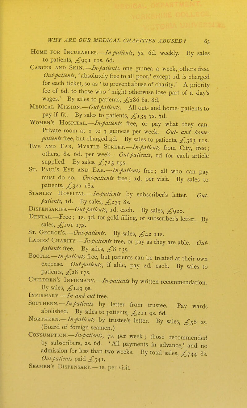 Home for Incurables.—7s. 6d. weekly. By sales to patients, ^^991 iis. 6d. Cancer and Skin.—Inpatients, one guinea a week, others free. Out-patients, 'absolutely free to all poor,' except id. is charged for each ticket, so as ' to prevent abuse of charity.' A priority fee of 6d. to those who ' might otherwise lose part of a day's wages.' By sales to patients, ^286 8s. 8d. Medical lAx^^io^.—Out-patients, All out- and home- patients to pay if fit. By sales to patients, ;^i35 7s. 7d. Women's Hospital.—//z-Za/Z^w/j free, or pay what they can. Private room at 2 to 3 guineas per week. Out- and home- patients free, but charged 4d. By sales to patients, ;^383 i is. Eye and Ear, Myrtle St^y.kt.—I?i-patients from City, free; others, 8s. 6d. per week. Out-patie7its, id for each article supplied. By sales, ;^723 19s. St. Paul's Eye and ¥.hK.~In-patients free; all who can pay must do so. Out-patients free; id. per visit. By sales to patients, ;^32i i8s. Stanley Uosvitau—In-patients by subscriber's letter. Out- patients, id. By sales, ;^2 37 8s. Dispensaries.—6>/!//-/fl//^«/j, id. each. By sales, ^920. Dental.—Free ; is. 3d. for gold filling, or subscriber's letter. By sales, ;!^ioi 13s. St. G-eo^g^'s.—Out-patients. By sales, ^42 iis. Ladies' CuAmiY.—Inpatients free, or pay as they are able. Out- patietits free. By sales, ^8 13s. ^ooi\.Y..~In-patients free, but patients can be treated at their own expense. Out-patients, if able, pay 2d. each. By sales to patients, ^^28 17s. Children's Infirmary.—by written recommendation. By sales, ^149 9s. Infirmary.—In and out free. Southern.—by letter from trustee. Pay wards abolished. By sales to patients, ;^2ii 9s. 6d. Northern.—/«-/a//e«/j by trustee's letter. By sales, ^^56 2s. (Board of foreign seamen.) CoT<(SvuvTio^.—I7i-patients, 7s. per week; those recommended by subscribers, 2s. 6d. 'All payments in advance,' and no admission for less than two weeks. By total sales, ;^744 8s. Out-patients paid ;^54i. Seamen's Dispensary.—is. per visit.