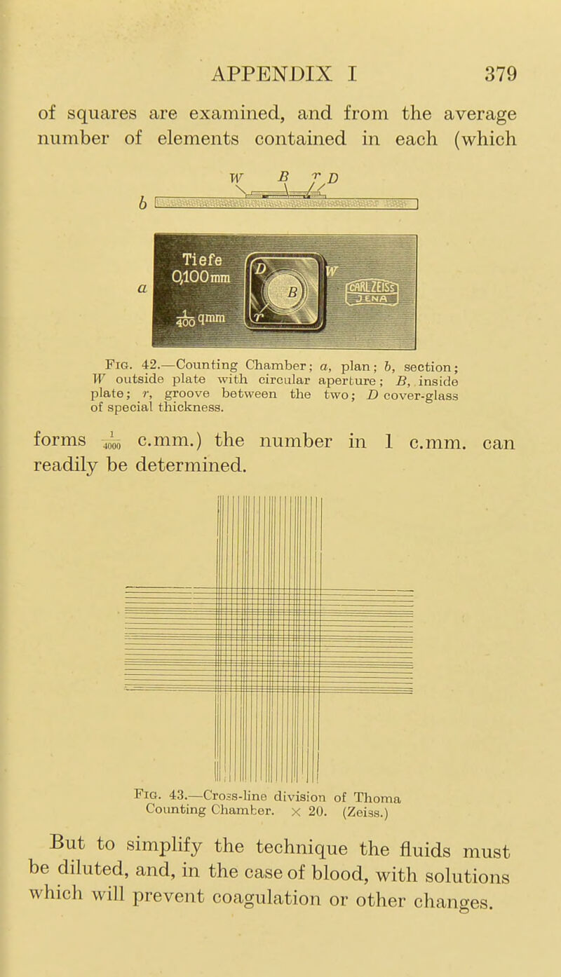 of squares are examined, and from the average number of elements contained in each (which Tiefe QlOOmm \ Fig. 42.—Counting Chamber; a, plan; b, section; W outside plate with circular aperture; B, inside plate; r, groove between the two; Z) cover-glass of special thickness. forms 4000 c.mm.) the number in 1 c.mm. can readily be determined. Fig. 43.—Cross-line division of Thoma Counting Chamber, x 20. (Zeiss.) But to simplify the technique the fluids must be diluted, and, in the case of blood, with solutions which will prevent coagulation or other changes.