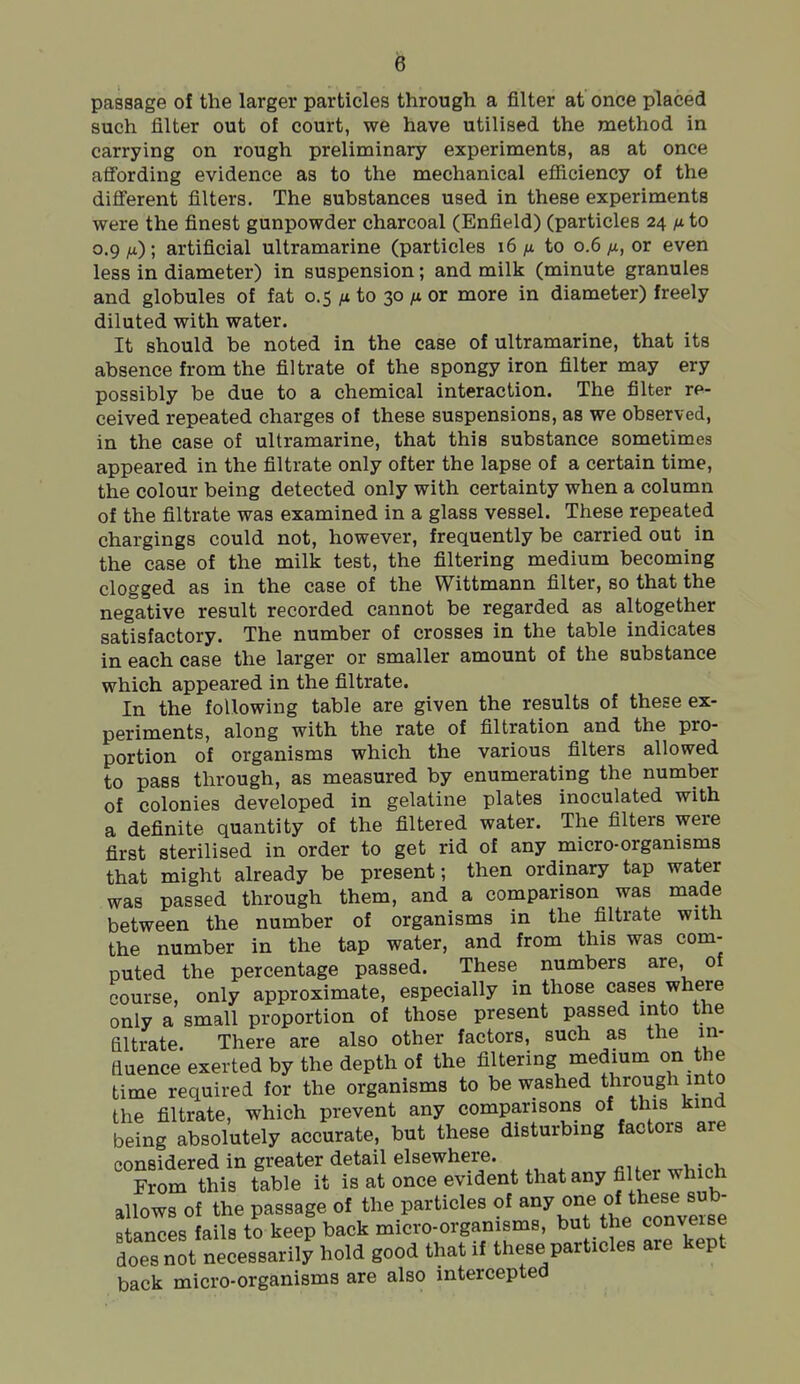 passage of the larger particles through a filter at once placed such filter out of court, we have utilised the method in carrying on rough preliminary experiments, as at once afl'ording evidence as to the mechanical efiiciency of the diiferent filters. The substances used in these experiments were the finest gunpowder charcoal (Enfield) (particles 24 n to 0.9 ju); artificial ultramarine (particles 16 ;u to 0.6/t, or even less in diameter) in suspension; and milk (minute granules and globules of fat 0.5 ^ to 30 /* or more in diameter) freely diluted with water. It should be noted in the case of ultramarine, that its absence from the filtrate of the spongy iron filter may ery possibly be due to a chemical interaction. The filter re- ceived repeated charges of these suspensions, as we observed, in the case of ultramarine, that this substance sometimes appeared in the filtrate only ofter the lapse of a certain time, the colour being detected only with certainty when a column of the filtrate was examined in a glass vessel. These repeated chargings could not, however, frequently be carried out in the case of the milk test, the filtering medium becoming clogged as in the case of the Wittmann filter, so that the negative result recorded cannot be regarded as altogether satisfactory. The number of crosses in the table indicates in each case the larger or smaller amount of the substance which appeared in the filtrate. In the following table are given the results of these ex- periments, along with the rate of filtration and the pro- portion of organisms which the various filters allowed to pass through, as measured by enumerating the number of colonies developed in gelatine plates inoculated with a definite quantity of the filtered water. The filters were first sterilised in order to get rid of any micro-organisms that might already be present; then ordinary tap water was passed through them, and a comparison was made between the number of organisms in the filtrate with the number in the tap water, and from this was com- puted the percentage passed. These numbers are, of course, only approximate, especially in those cases where only a small proportion of those present passed into the filtrate. There are also other factors, such as the in- fluence exerted by the depth of the filtering medium on the time required for the organisms to be washed through into the filtrate, which prevent any comparisons of this kind being absolutely accurate, but these disturbing factors are considered in greater detail elsewhere. From this table it is at once evident that any filter which allows of the passage of the particles of ^l^^^'^'^^^^^ stances fails to keep back micro-organisms, but the conveise does not necessarily hold good that if these particles are kept back micro-organisms are also intercepted