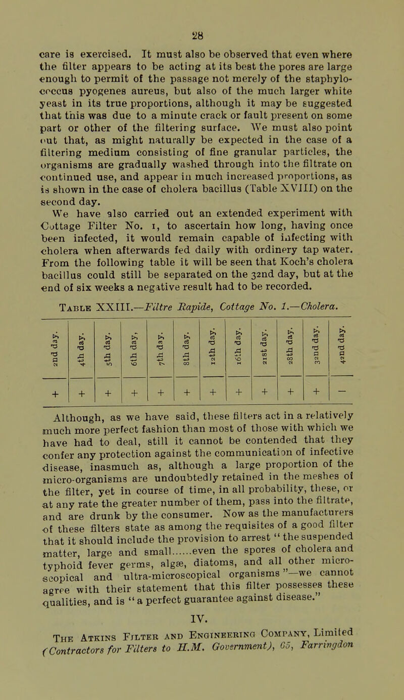 care is exercised. It must also be observed that even where the filter appears to be acting at its best the pores are large enough to permit of the passage not merely of the staphylo- coccus pyogenes aureus, but also of the much larger white yeaat in its true proportions, although it may be euggested that this was due to a minute crack or fault present on some part or other of the filtering surface. We must also point <<ut that, as might naturally be expected in the case of a filtering medium consisting of fine granular particles, the organisms are gradually washed through into the filtrate on continued use, and appear in much increased proportions, as id shown in the case of cholera bacillus (Table XVIII) on the second day. We have also carried out an extended experiment with Cottage Filter No. i, to ascertain how long, having once been infected, it would remain capable of infecting with cholera when afterwards fed daily with ordinery tap water. From the following table it will be seen that Koch's cholera bacillus could still be separated on the 32nd day, but at the end of six weeks a negative result had to be recorded. Table 'KX.lll.—Filtre Rapide, Cottage No. 1—Cholera. ■a -a a >, c<3 ■O m 6lh day, -o Sth day. « H -a >> a -a .0 -u CO N c3 -O a N >> St -d a w ■>»■ + + + + + + + + + + + Although, as we have said, these filters act in a relatively much more perfect fashion than most of those with which we have had to deal, still it cannot be contended that they confer any protection against the communication of infective disease, inasmuch as, although a large proportion of the micro-organisms are undoubtedly retained in the meshes of the filter, yet in course of time, in all probability, these, or at any rate the greater number of them, pass into the filtrate, and are drunk by the consumer. Now as the manufacturers of these filters state as among the requisites of a good filter that it should include the provision to arrest  the suspended matter, large and small even the spores of cholera and typhoid fever germs, algse, diatoms, and all other micro- scopical and ultra-microscopical organisms -we cannot agree with their statement that this filter possesses these qualities, and is  a perfect guarantee against disease. IV. The Atkins Filter and ENaiNEERiNG Company, Limited (Contractors for Filters to H.M. Government), G5, Farringdon