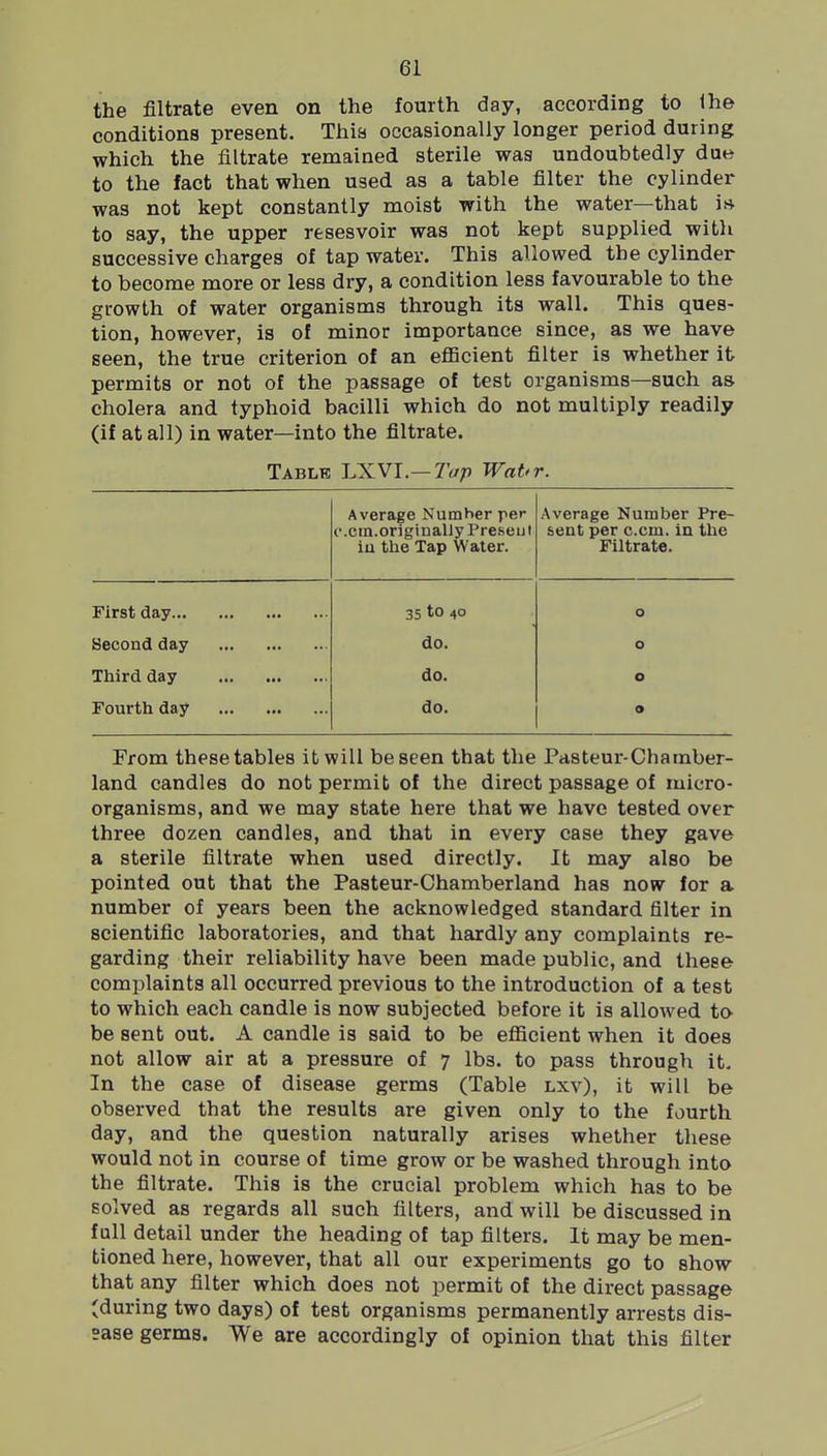 the filtrate even on the fourth day, according to Ihe conditions present. This occasionally longer period during which the filtrate remained sterile was undoubtedly due to the fact that when used as a table filter the cylinder was not kept constantly moist with the water—that if* to say, the upper resesvoir was not kept supplied with successive charges of tap water. This allowed the cylinder to become more or less dry, a condition less favourable to the growth of water organisms through its wall. This ques- tion, however, is of minor importance since, as we have seen, the true criterion of an eflScient filter is whether it permits or not of the passage of test organisms—such as cholera and typhoid bacilli which do not multiply readily (if at all) in water—into the filtrate. Table irKNl.— Tap Wat^r. Average Number per (*.cm.originally Preseul iu the Tap Water. Average Number Pre- sent per c.cm. in the Filtrate. First day 35 to 40 0 Second day do. 0 Third day do. 0 Fourth day do. 0 From these tables it will be seen that the Pasteur-Chamber- land candles do not permit of the direct passage of micro- organisms, and we may state here that we have tested over three dozen candles, and that in every case they gave a sterile filtrate when used directly. It may also be pointed out that the Pasteur-Chamberland has now for a number of years been the acknowledged standard filter in scientific laboratories, and that hardly any complaints re- garding their reliability have been made public, and these complaints all occurred previous to the introduction of a test to which each candle is now subjected before it is allowed to be sent out. A candle is said to be efficient when it does not allow air at a pressure of 7 lbs. to pass through it. In the case of disease germs (Table lxv), it will be observed that the results are given only to the fourth day, and the question naturally arises whether these would not in course of time grow or be washed through into the filtrate. This is the crucial problem which has to be solved as regards all such filters, and will be discussed in full detail under the heading of tap filters. It may be men- tioned here, however, that all our experiments go to show that any filter which does not permit of the direct passage (during two days) of test organisms permanently arrests dis- ease germs. We are accordingly of opinion that this filter